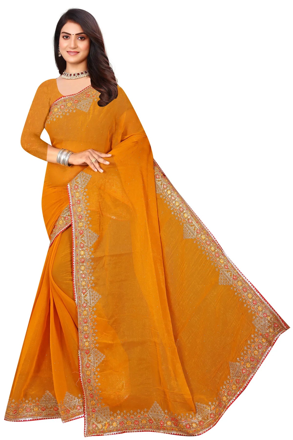 Enchanted Sparkle Shimmer Chiffon Sarees D11-Yellow