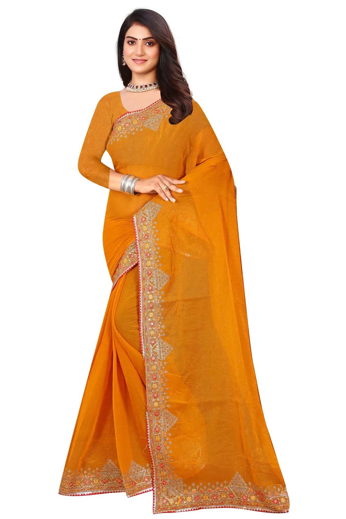 Enchanted Sparkle Shimmer Chiffon Sarees D11-Yellow