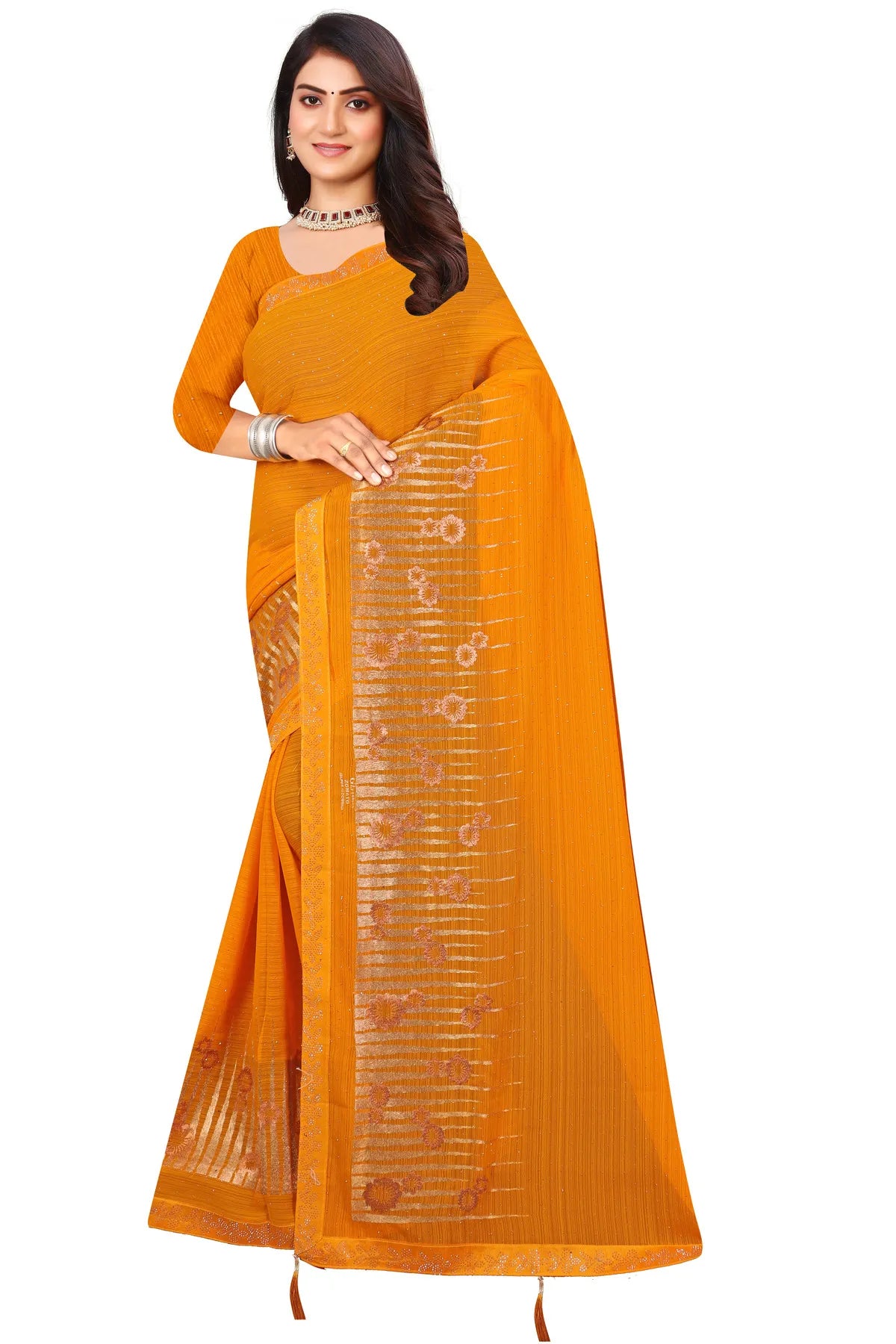 Enchanted Sparkle Shimmer Chiffon Sarees D12-Yellow