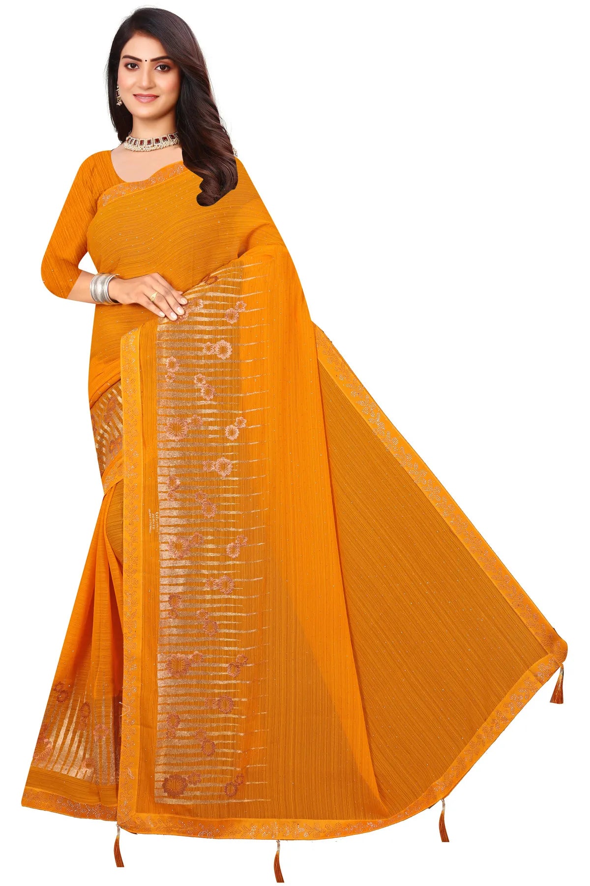 Enchanted Sparkle Shimmer Chiffon Sarees D12-Yellow
