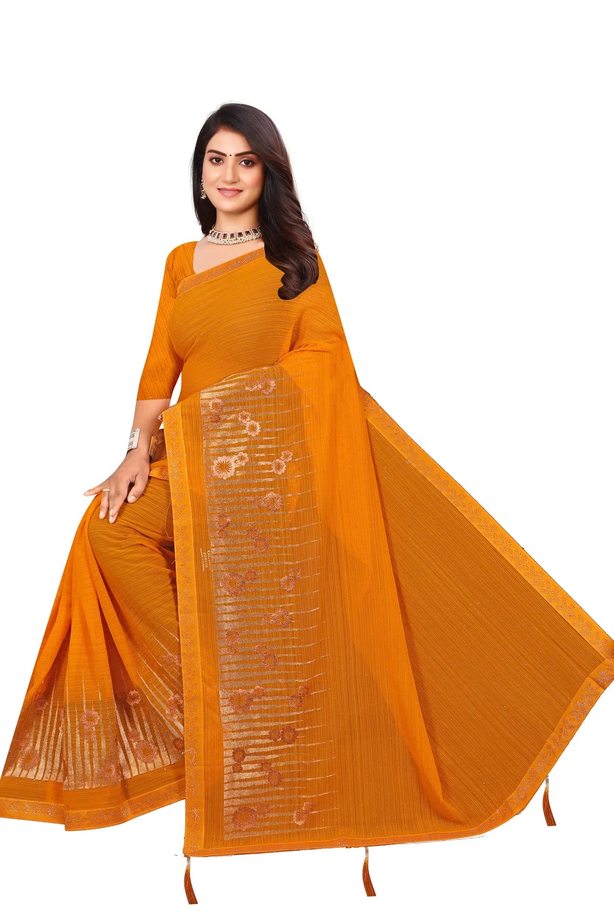 Enchanted Sparkle Shimmer Chiffon Sarees D12-Yellow