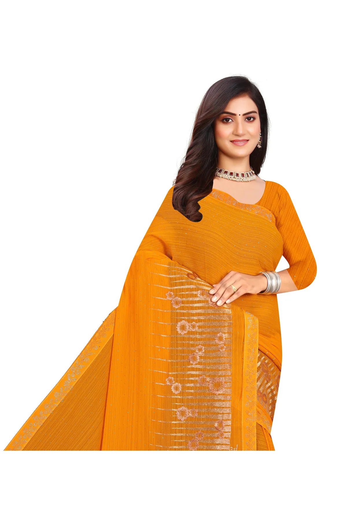 Enchanted Sparkle Shimmer Chiffon Sarees D12-Yellow