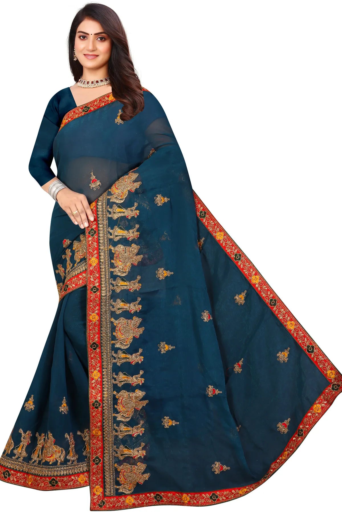 Enchanted Sparkle Shimmer Chiffon Sarees D13-Blue