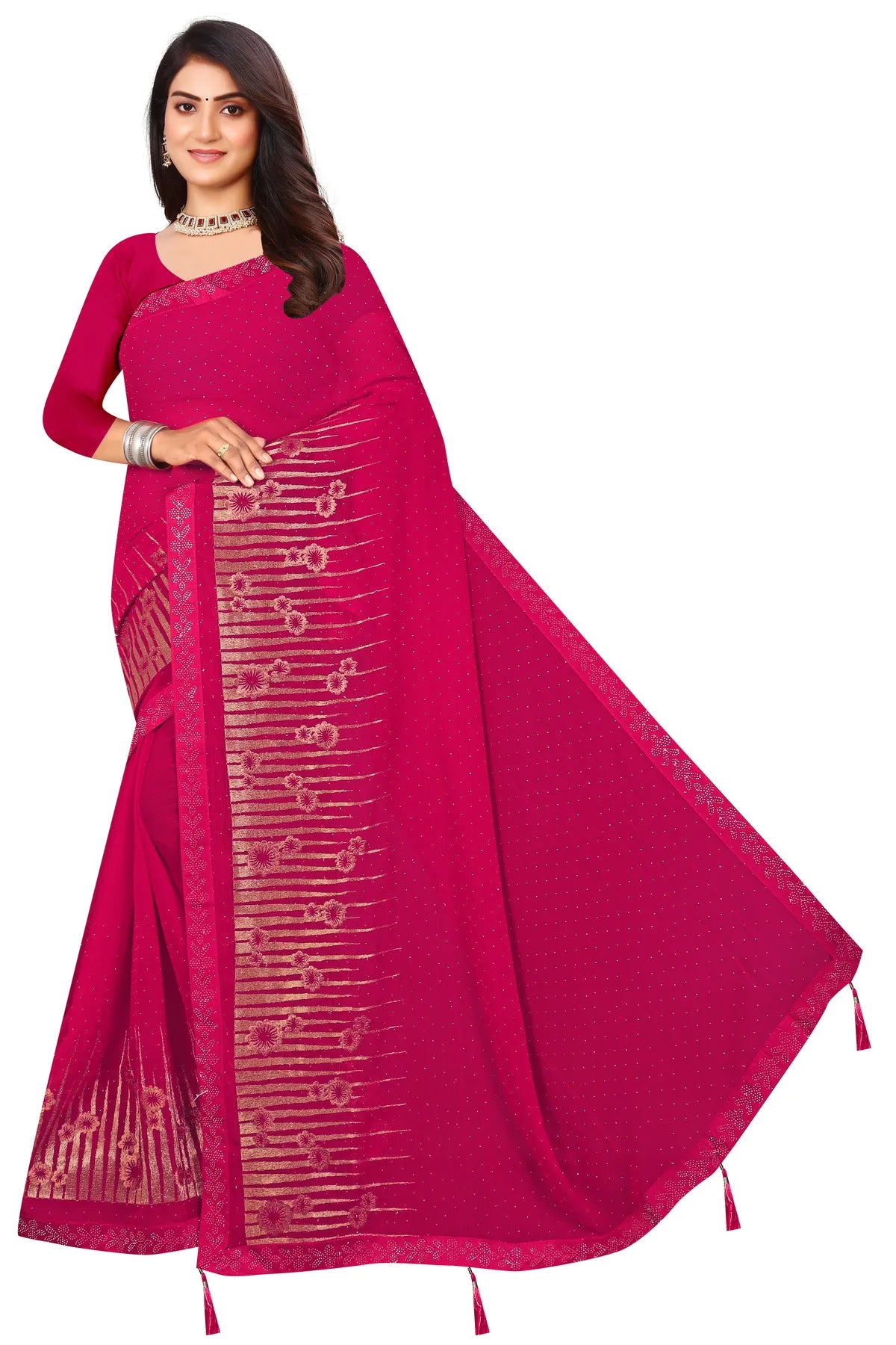 Enchanted Sparkle Shimmer Chiffon Sarees D12-Pink