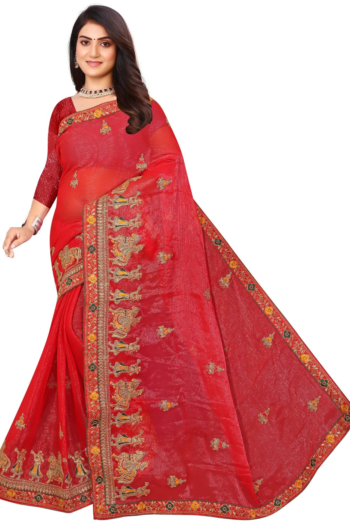 Enchanted Sparkle Shimmer Chiffon Sarees D13-Red