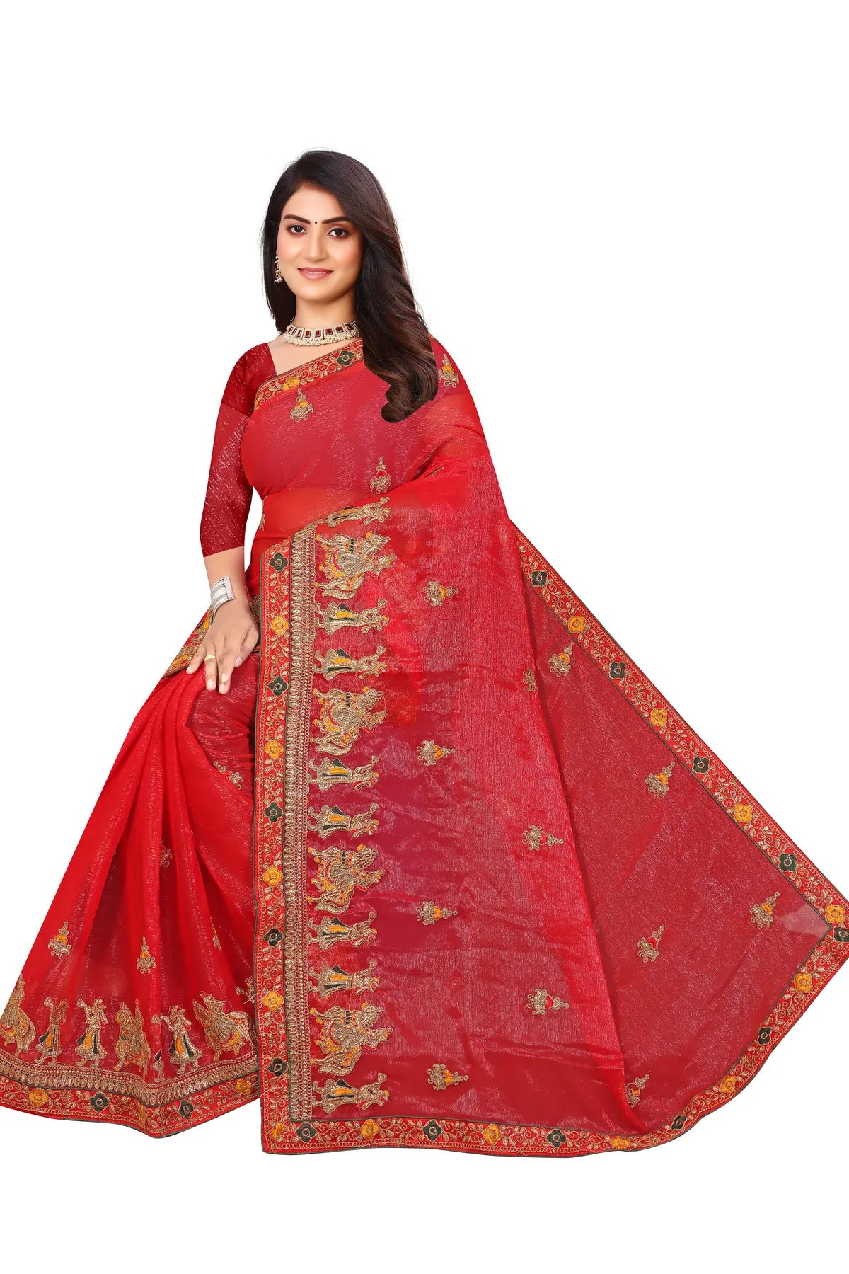 Enchanted Sparkle Shimmer Chiffon Sarees D13-Red
