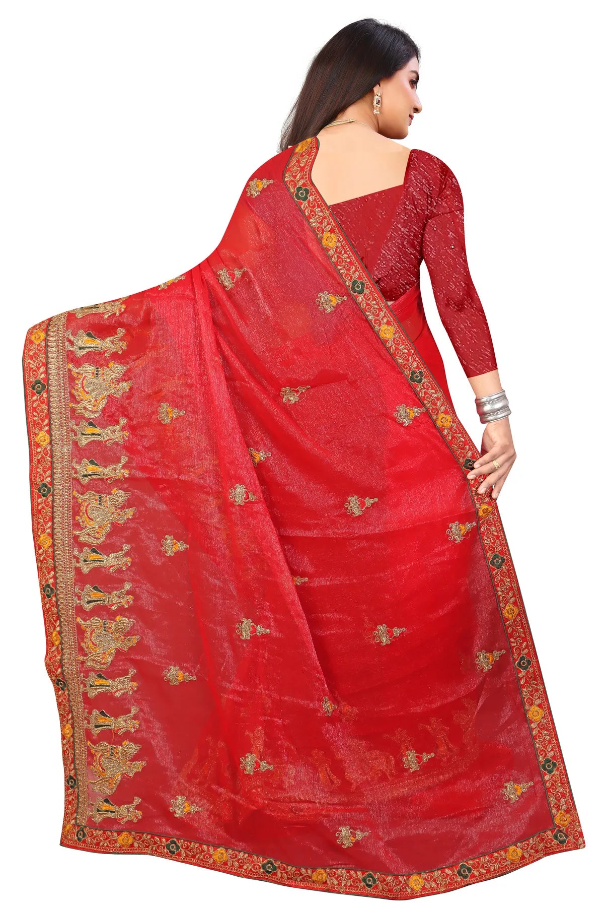 Enchanted Sparkle Shimmer Chiffon Sarees D13-Red