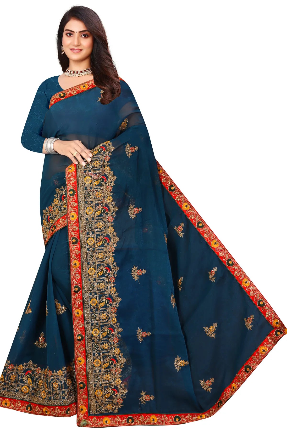 Enchanted Sparkle Shimmer Chiffon Sarees D14-Blue
