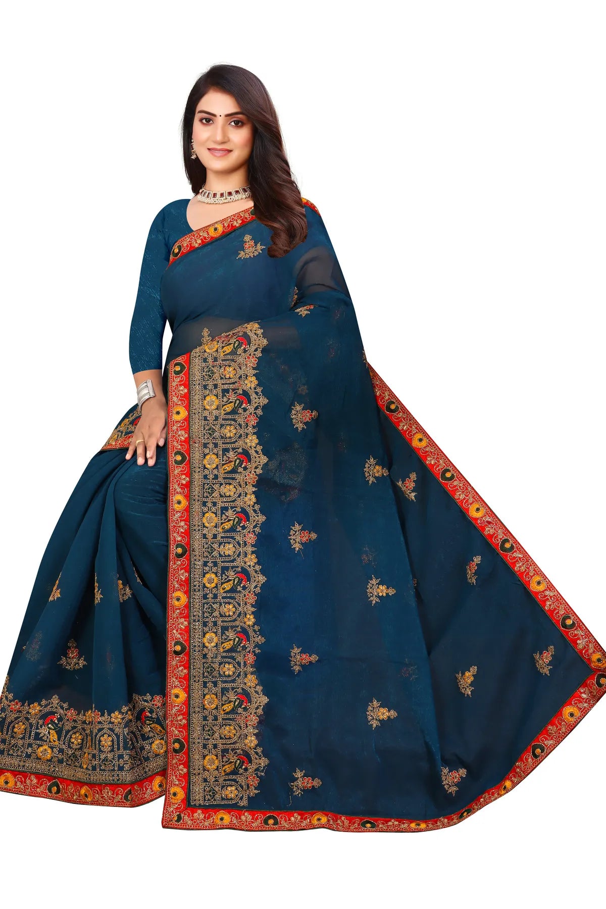 Enchanted Sparkle Shimmer Chiffon Sarees D14-Blue