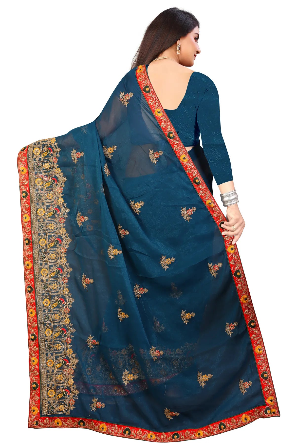 Enchanted Sparkle Shimmer Chiffon Sarees D14-Blue
