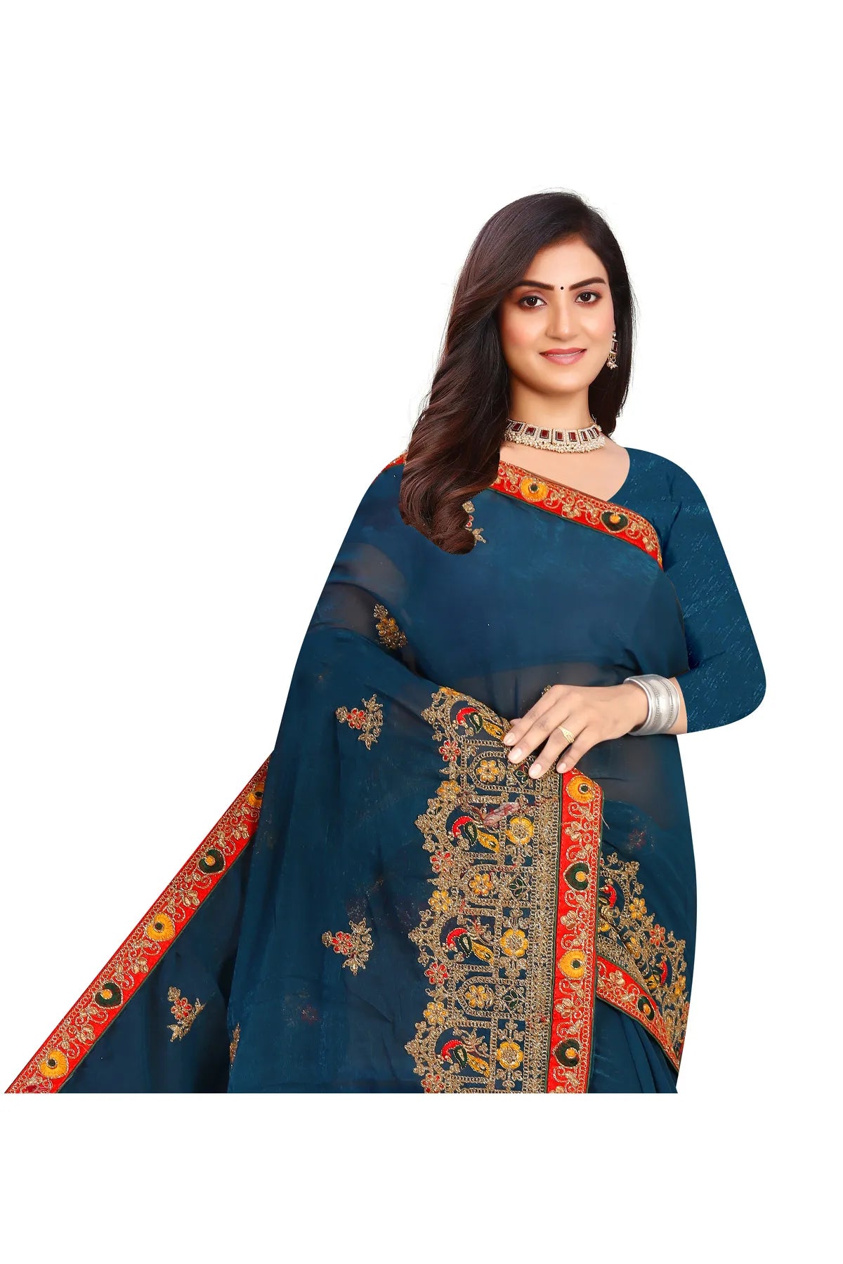 Enchanted Sparkle Shimmer Chiffon Sarees D14-Blue