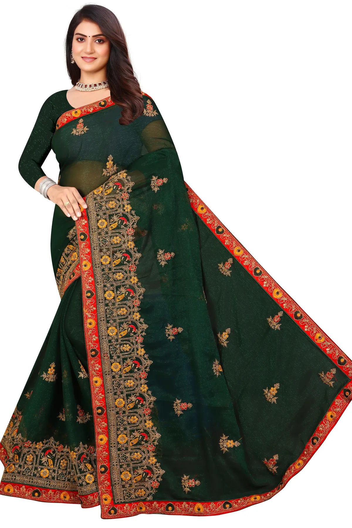 Enchanted Sparkle Shimmer Chiffon Sarees D14-Green