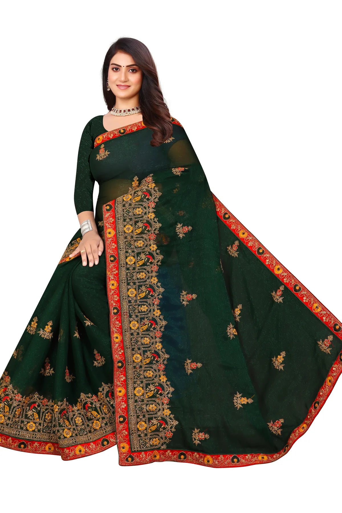 Enchanted Sparkle Shimmer Chiffon Sarees D14-Green