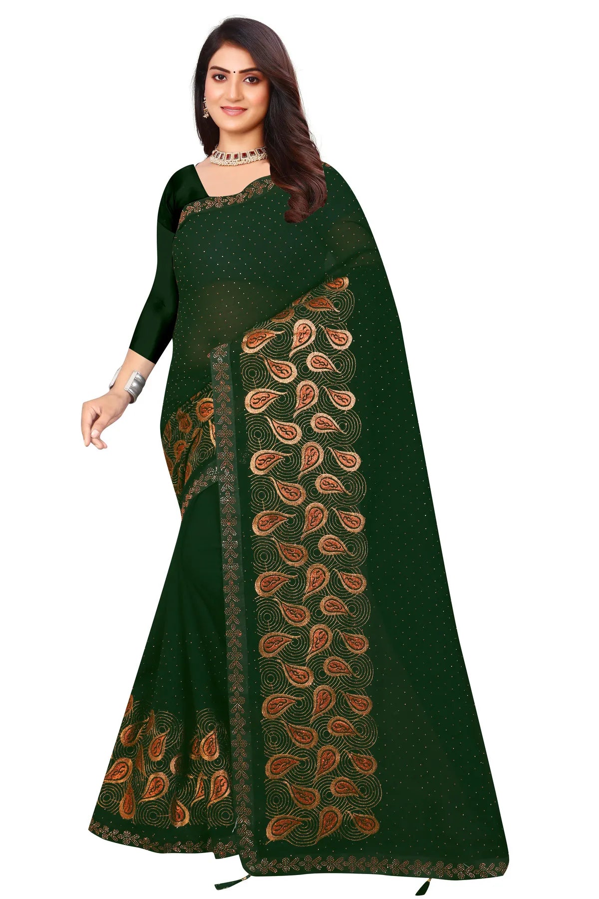 Enchanted Sparkle Shimmer Chiffon Sarees D15-Green