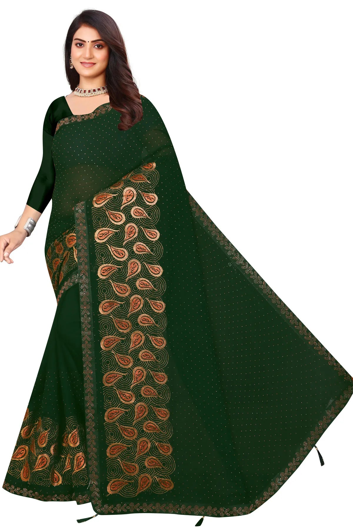 Enchanted Sparkle Shimmer Chiffon Sarees D15-Green