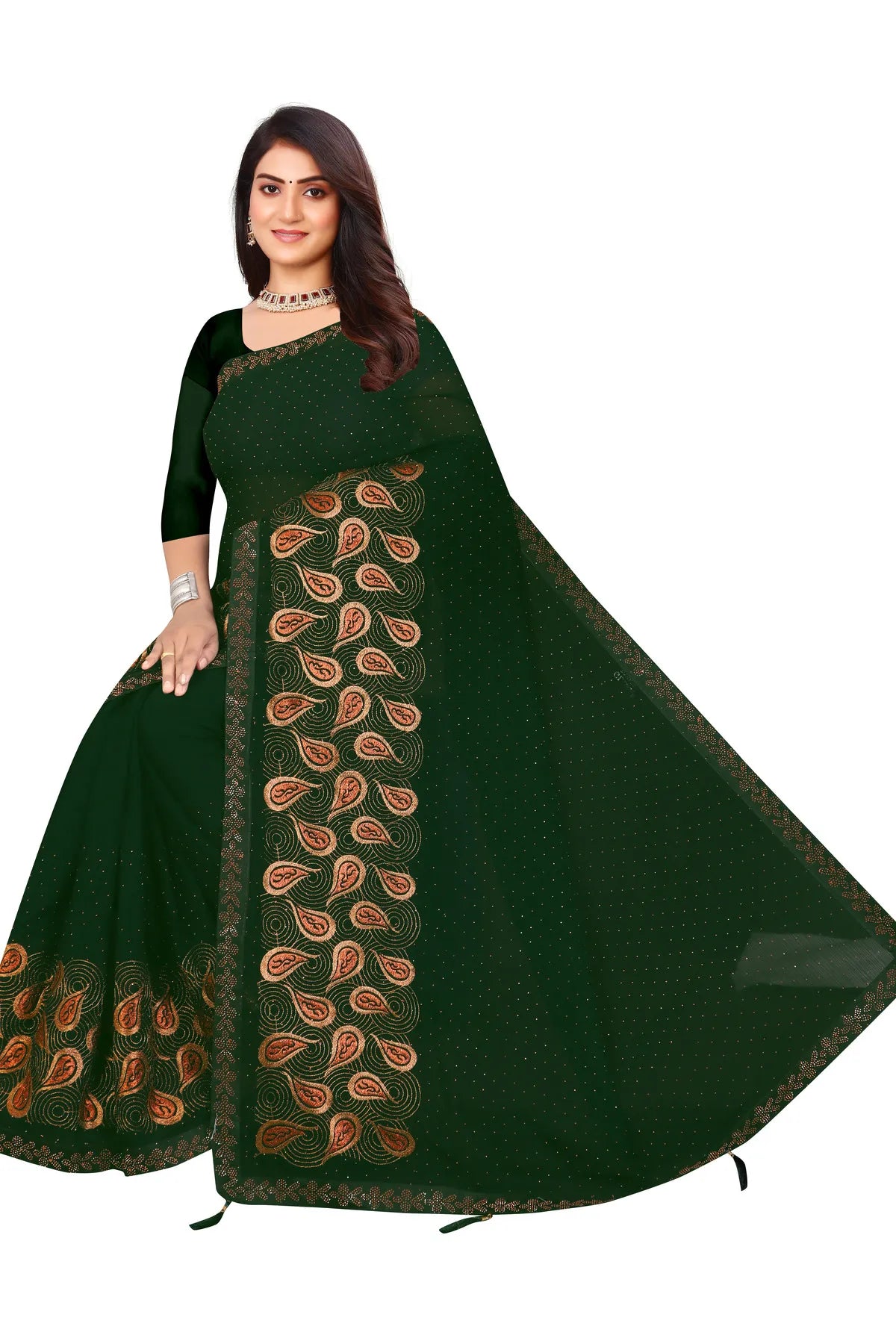 Enchanted Sparkle Shimmer Chiffon Sarees D15-Green