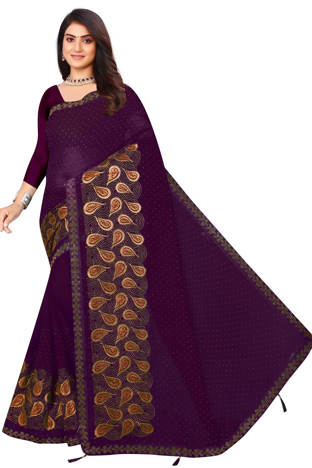 Enchanted Sparkle Shimmer Chiffon Sarees D15-Purple