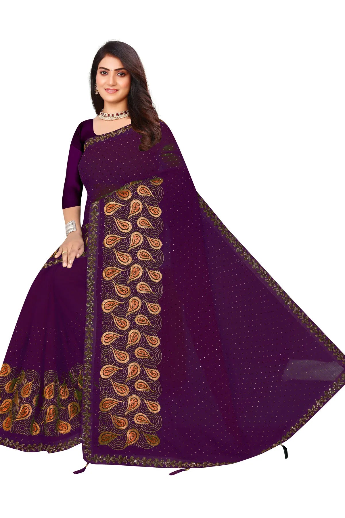 Enchanted Sparkle Shimmer Chiffon Sarees D15-Purple