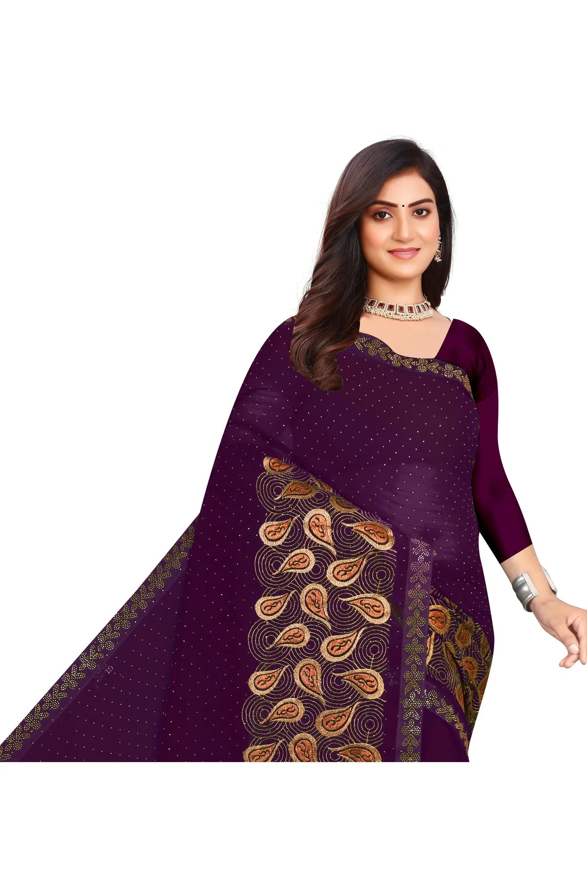 Enchanted Sparkle Shimmer Chiffon Sarees D15-Purple