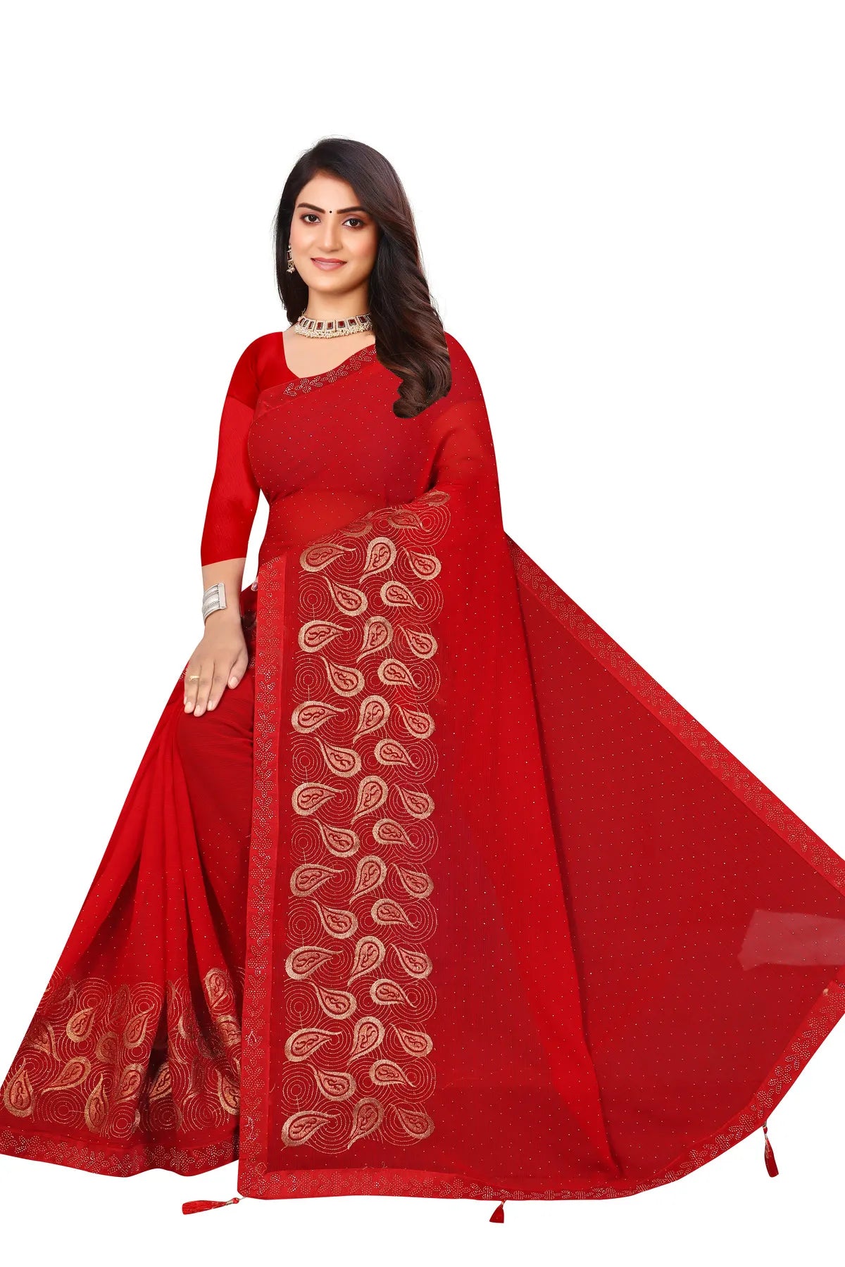 Enchanted Sparkle Shimmer Chiffon Sarees D15-Red