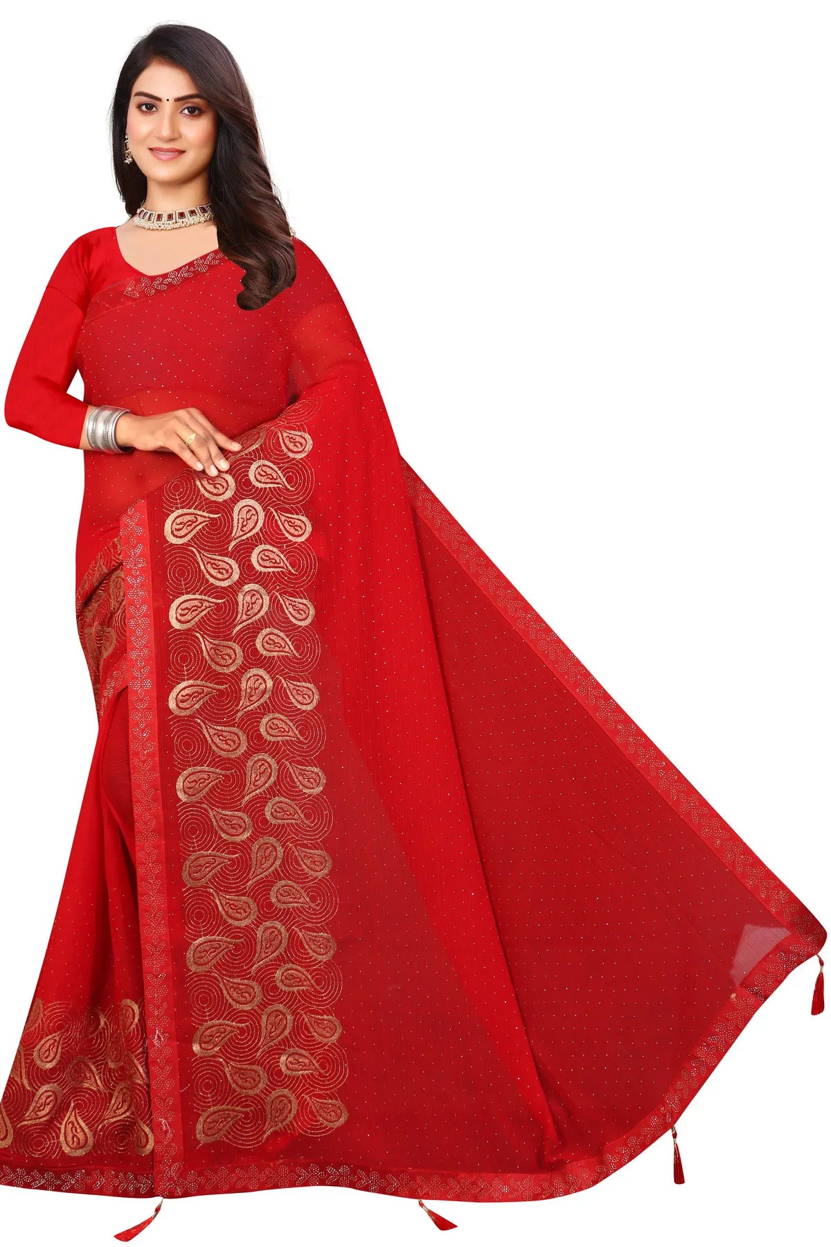 Enchanted Sparkle Shimmer Chiffon Sarees D15-Red