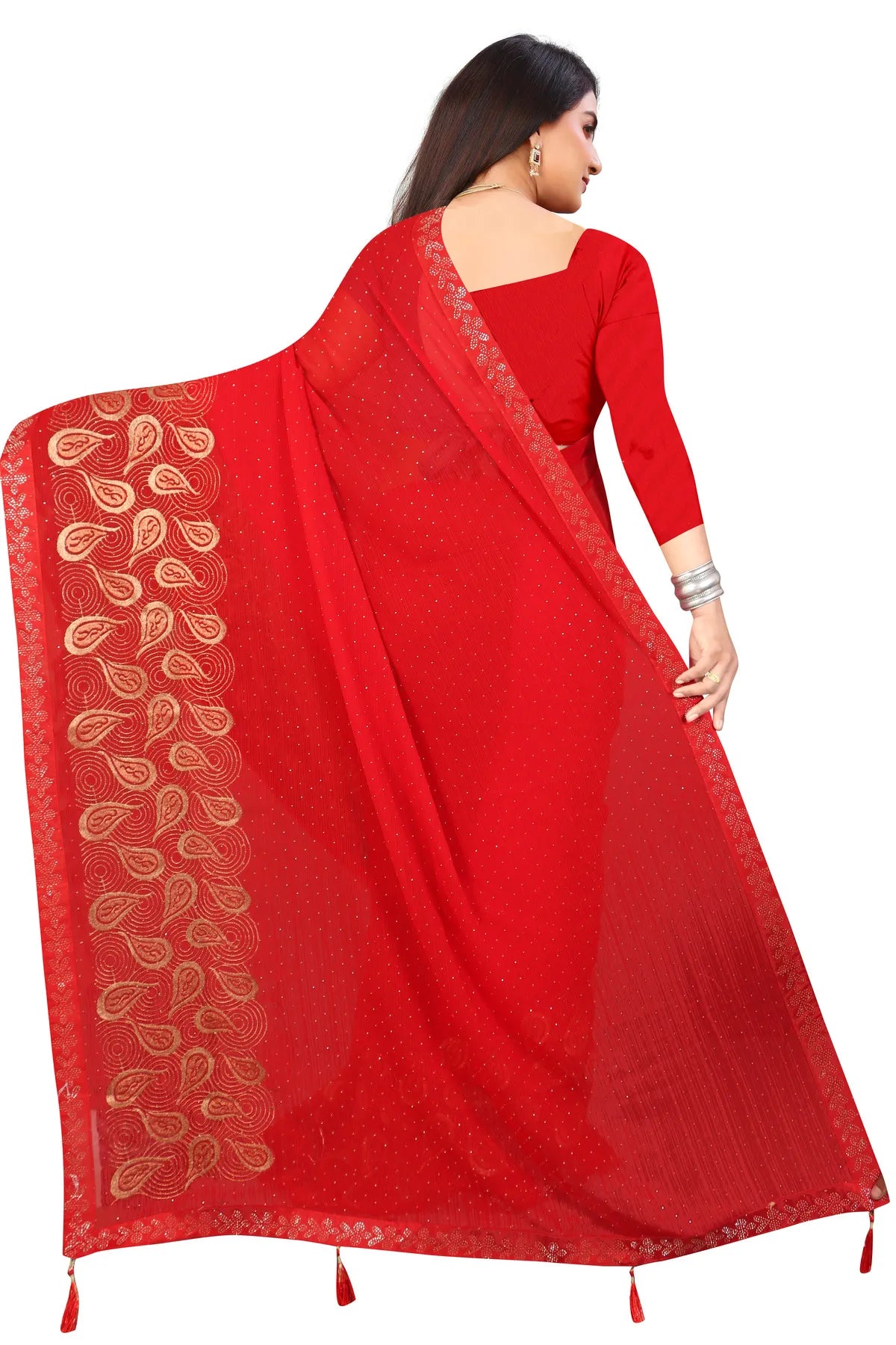 Enchanted Sparkle Shimmer Chiffon Sarees D15-Red