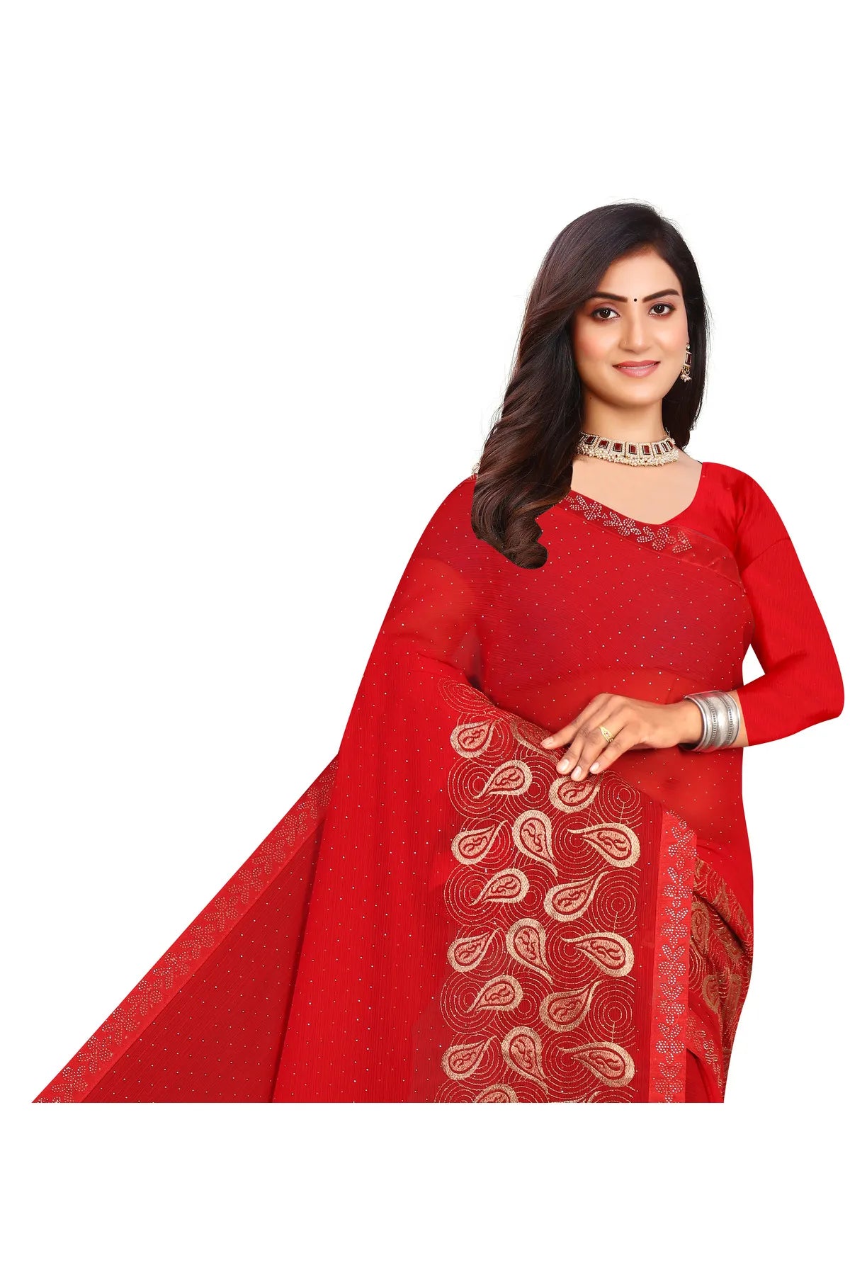 Enchanted Sparkle Shimmer Chiffon Sarees D15-Red
