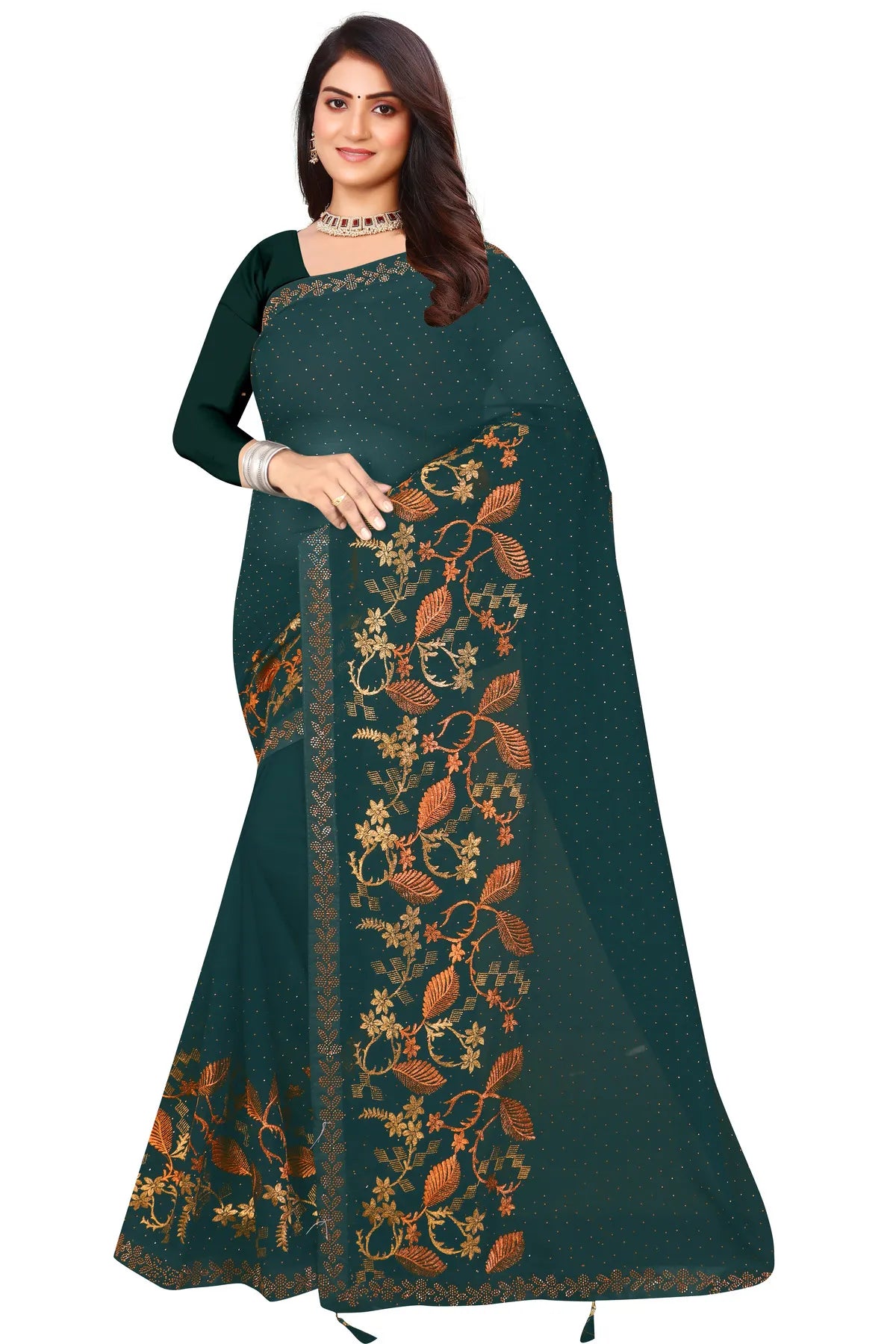Enchanted Sparkle Shimmer Chiffon Sarees D16-Green