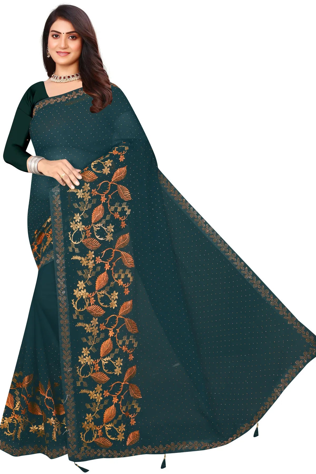 Enchanted Sparkle Shimmer Chiffon Sarees D16-Green