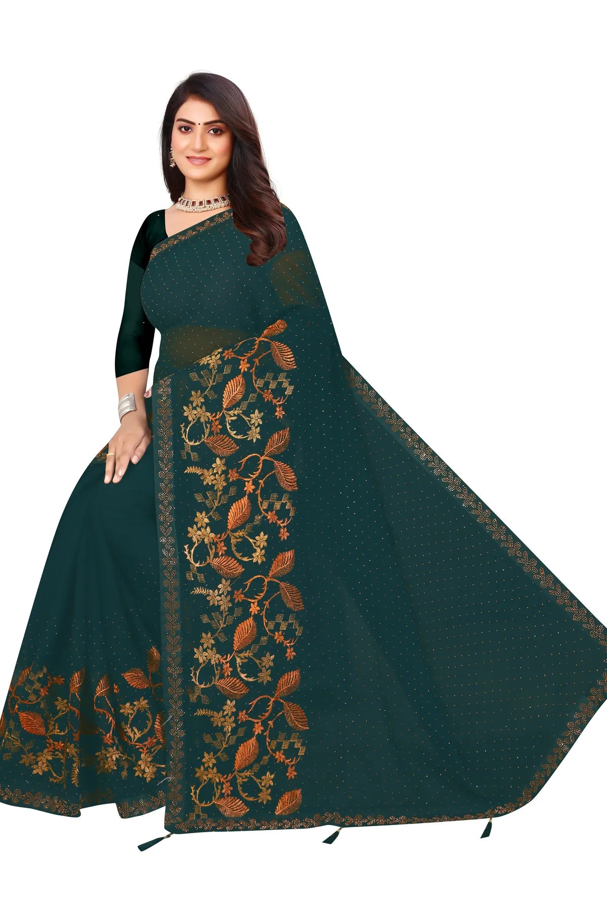 Enchanted Sparkle Shimmer Chiffon Sarees D16-Green