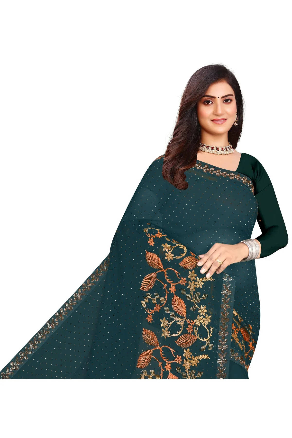Enchanted Sparkle Shimmer Chiffon Sarees D16-Green