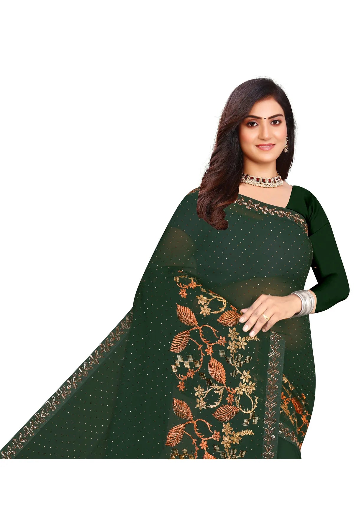 Enchanted Sparkle Shimmer Chiffon Sarees - SAREE D16-Green