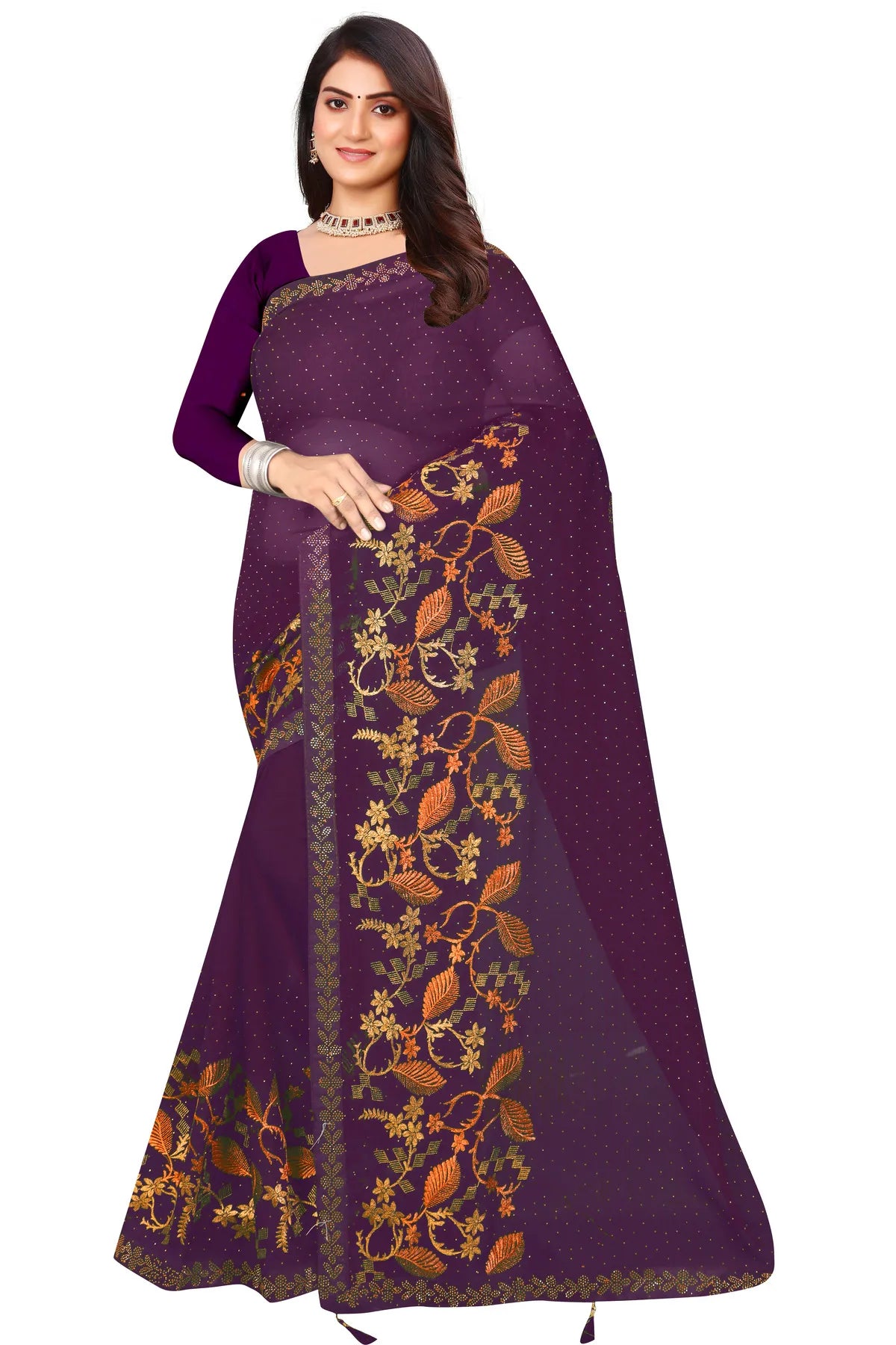 Enchanted Sparkle Shimmer Chiffon Sarees D16-Purple