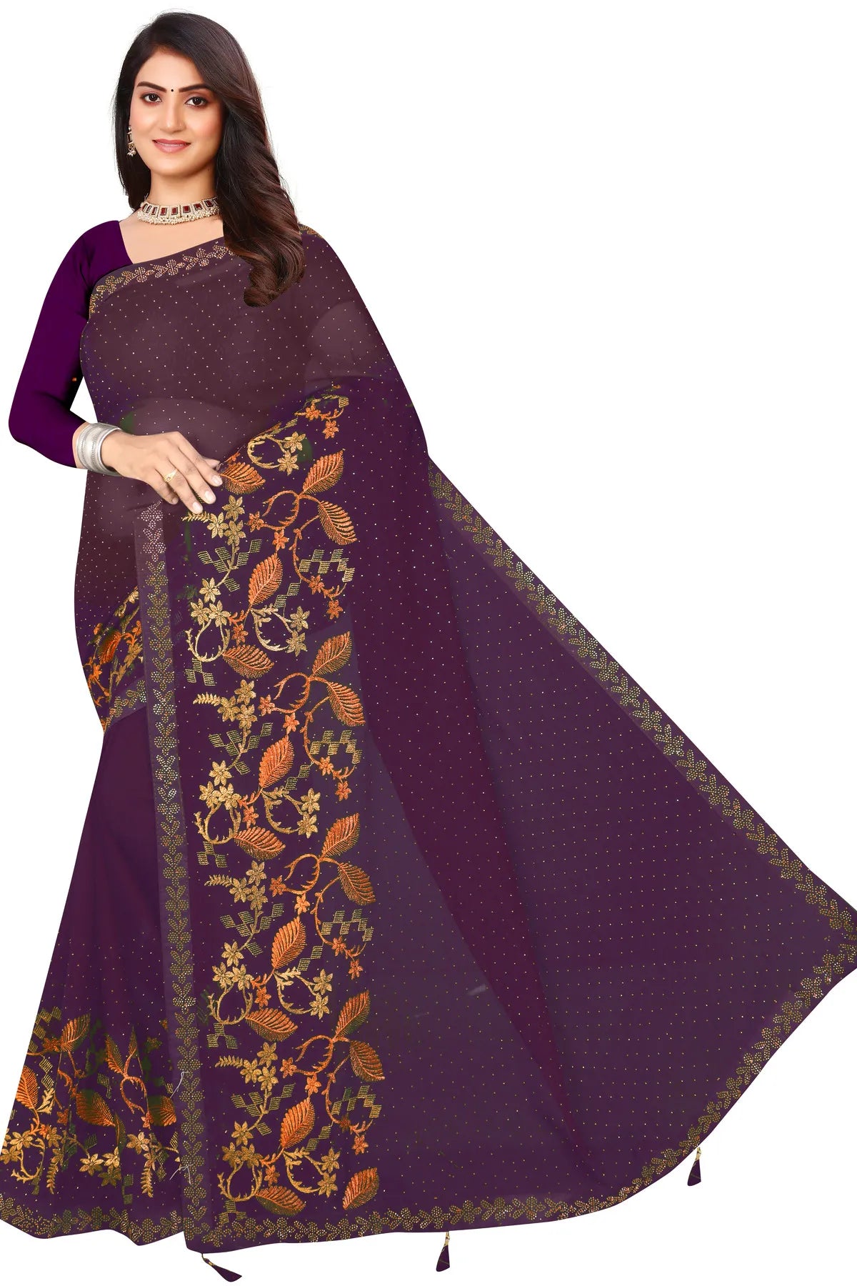 Enchanted Sparkle Shimmer Chiffon Sarees D16-Purple