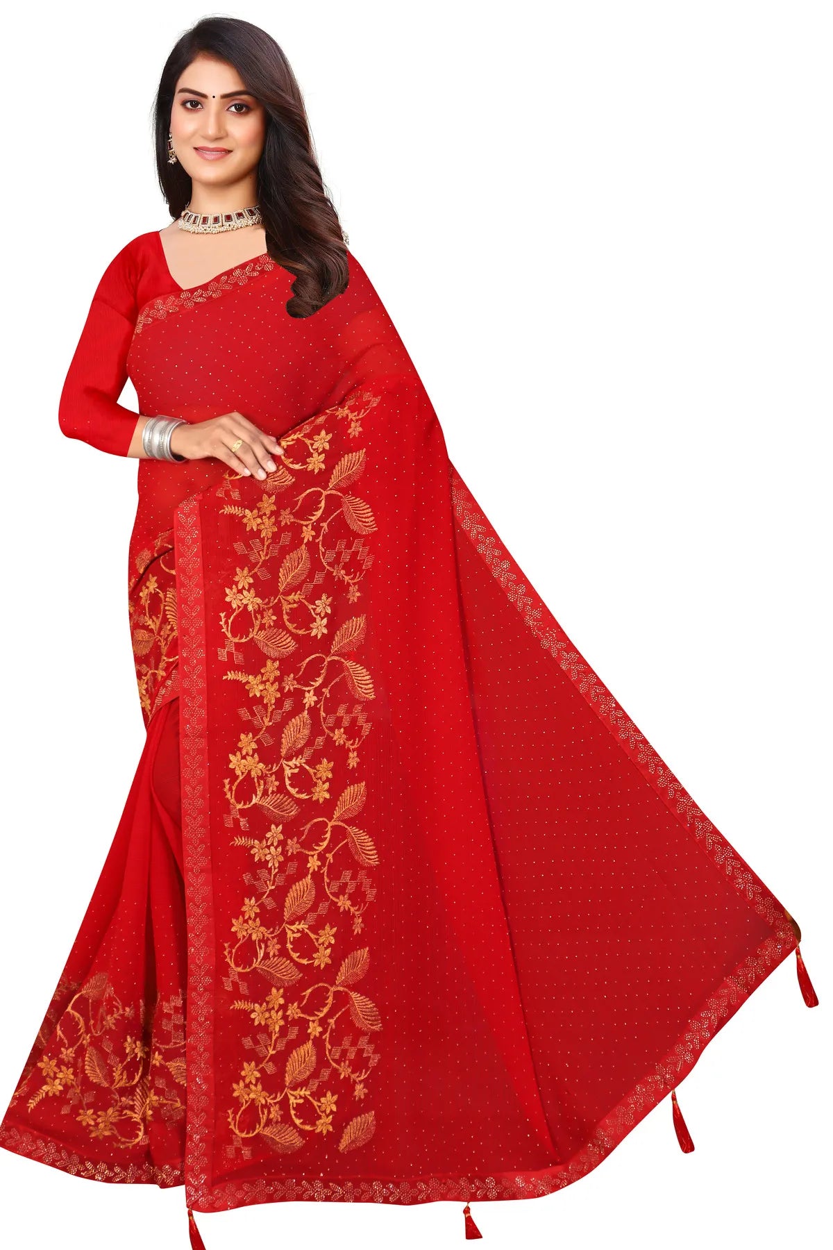 Enchanted Sparkle Shimmer Chiffon Sarees -SAREE D16-Red