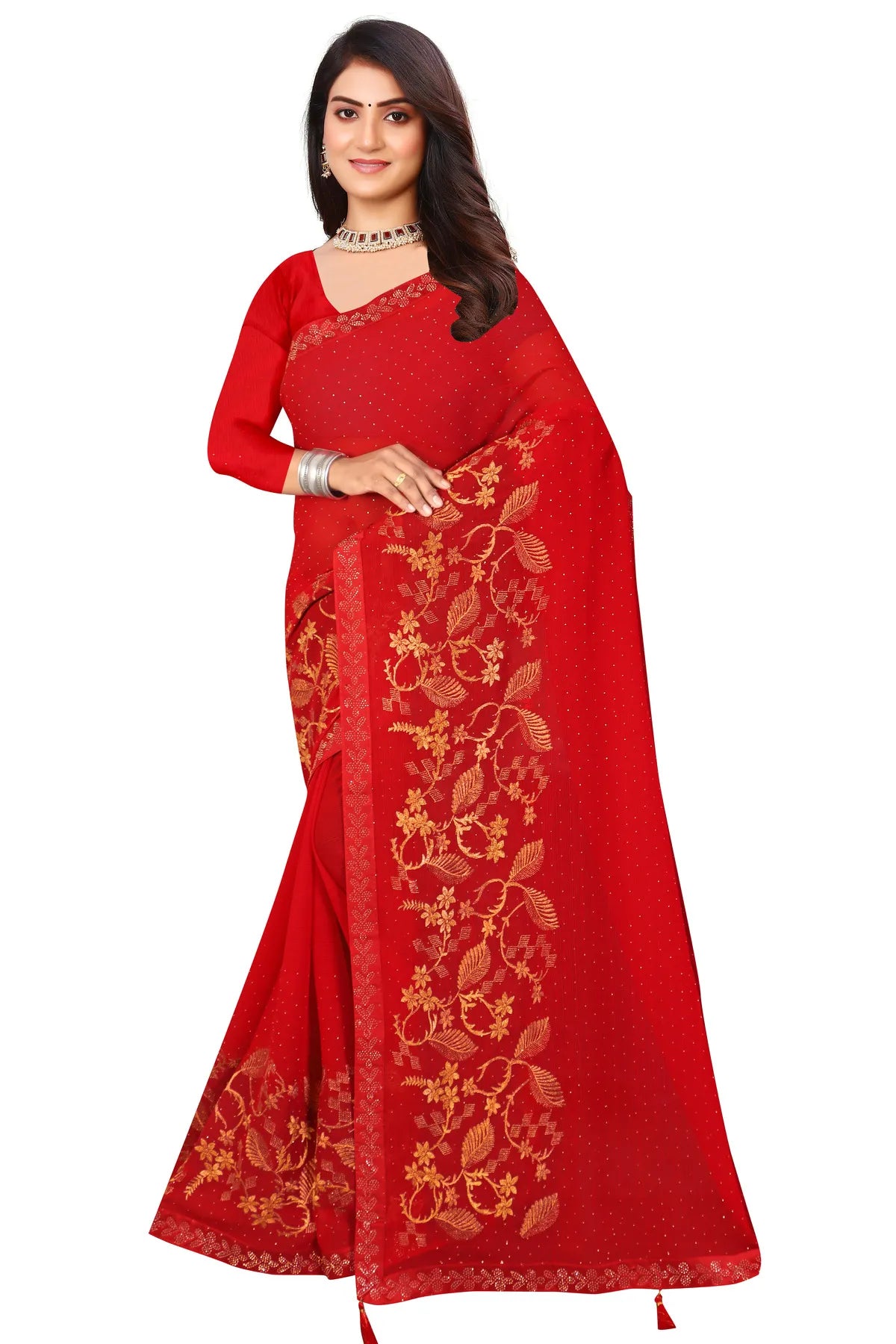 Enchanted Sparkle Shimmer Chiffon Sarees -SAREE D16-Red