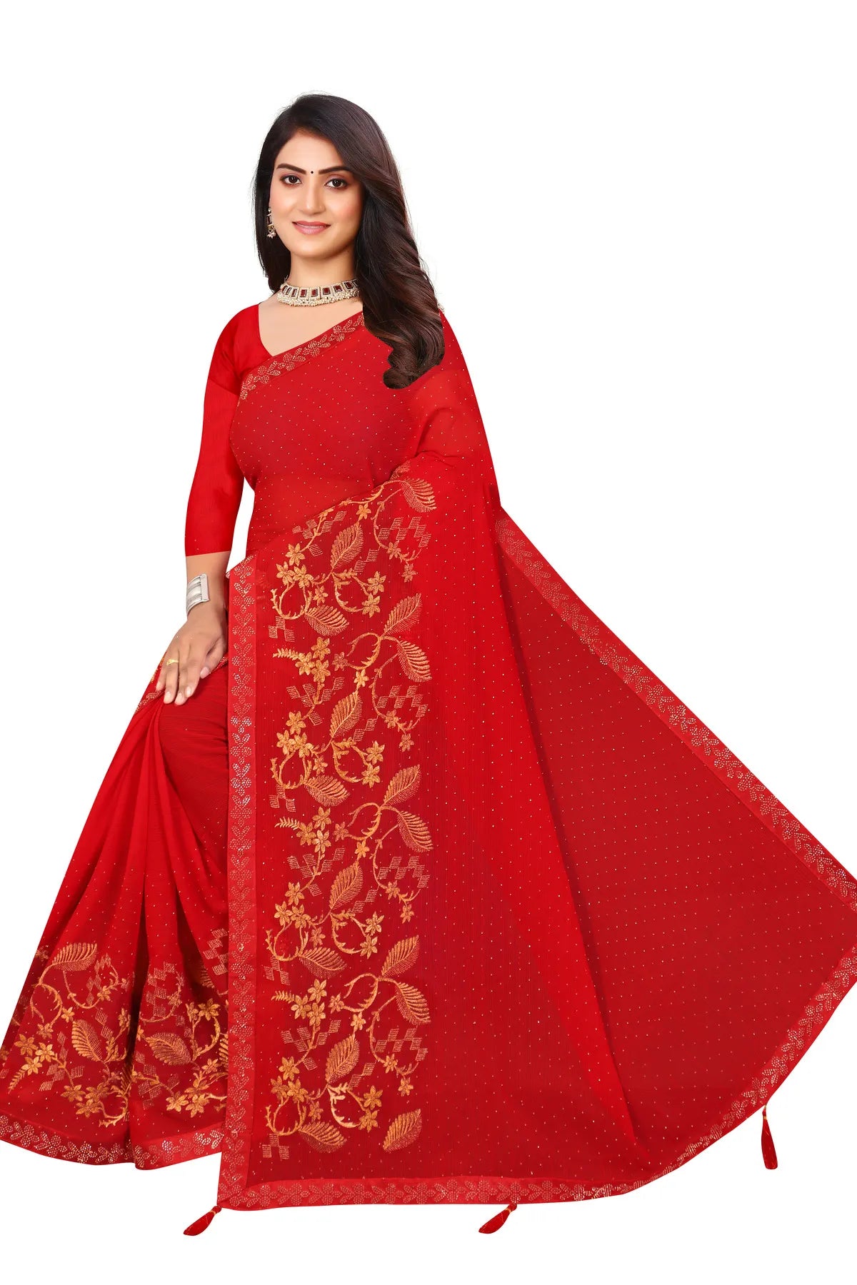 Enchanted Sparkle Shimmer Chiffon Sarees -SAREE D16-Red