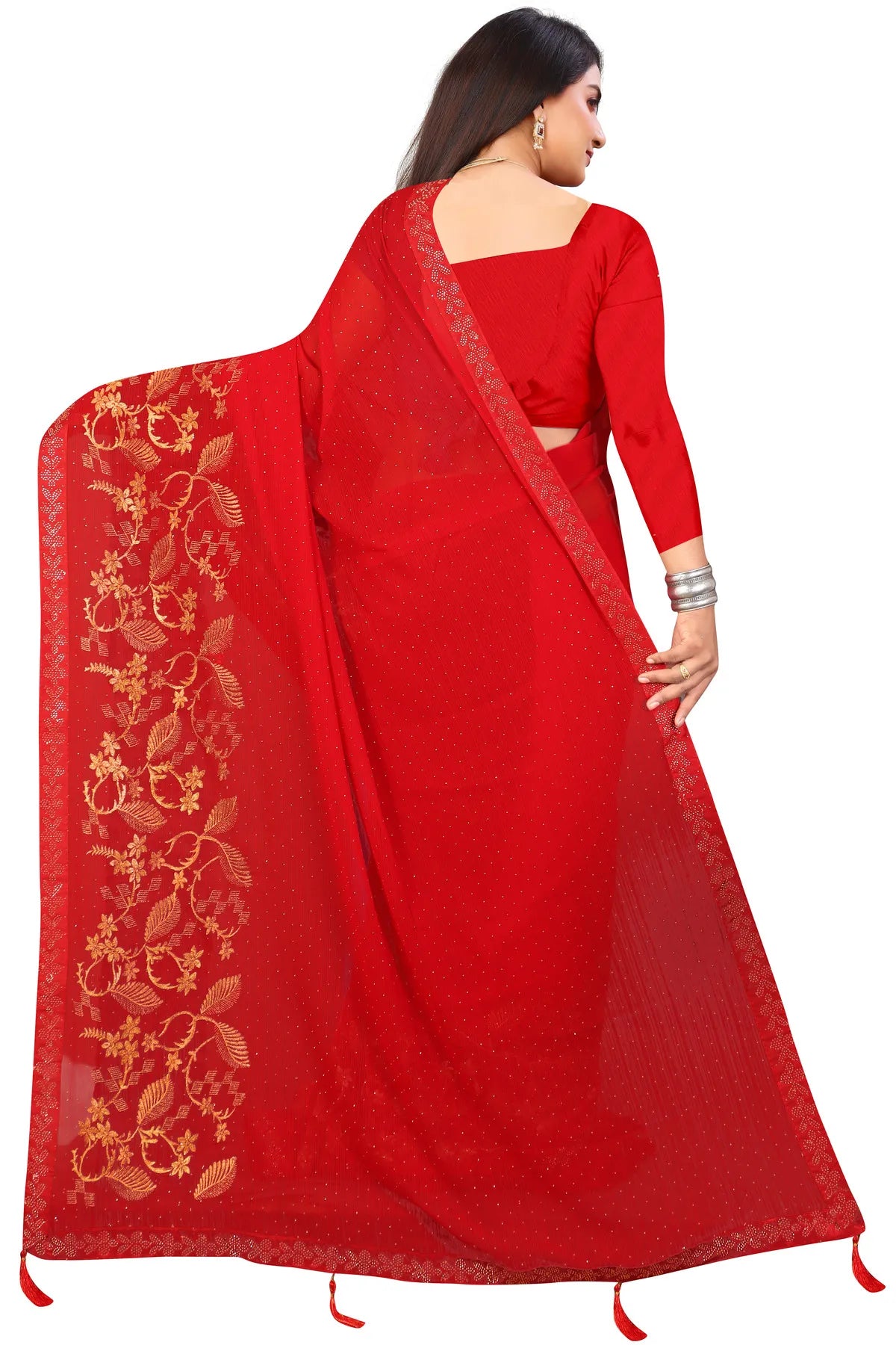 Enchanted Sparkle Shimmer Chiffon Sarees -SAREE D16-Red