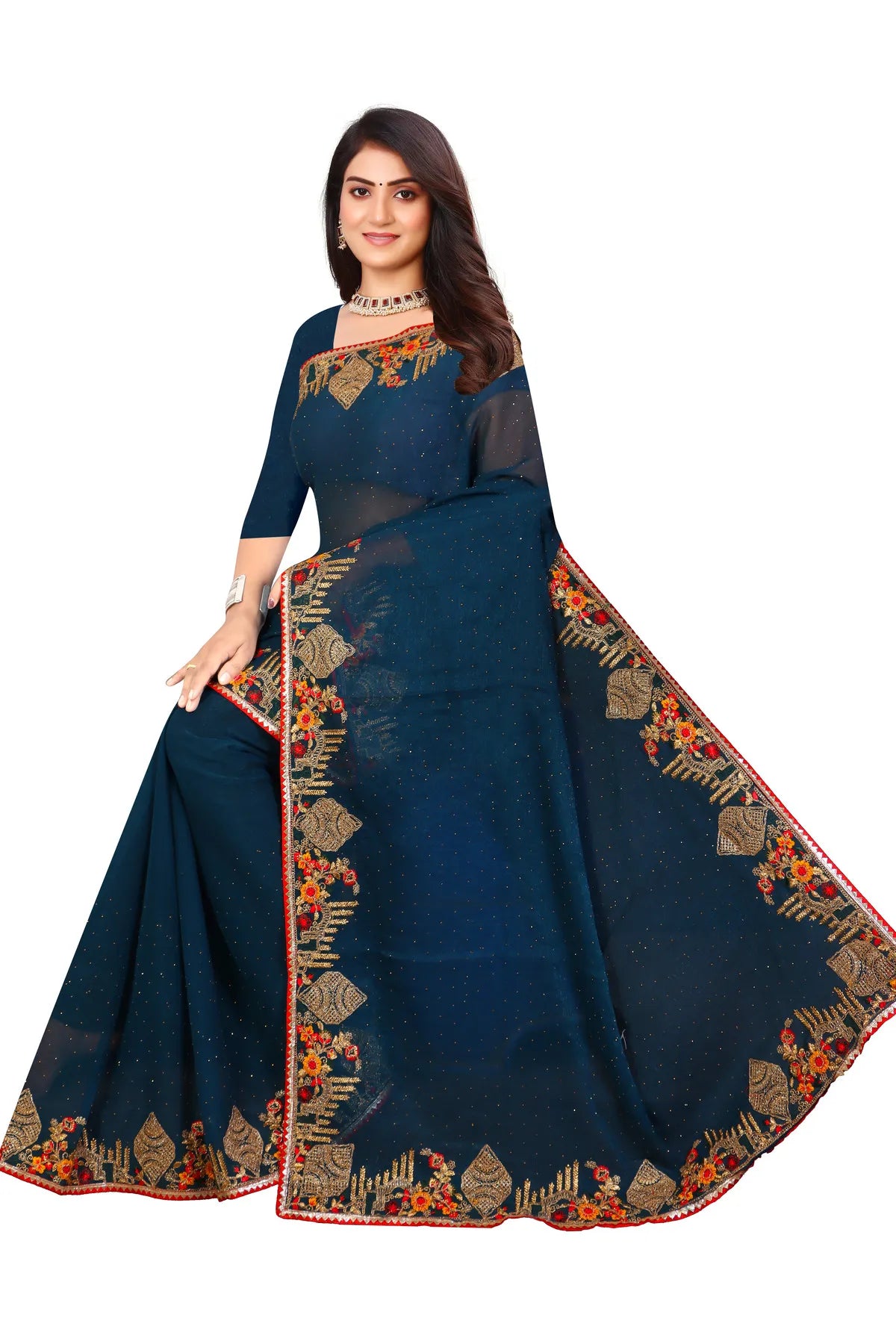 Enchanted Sparkle Shimmer Chiffon Sarees -SAREE D18-Blue