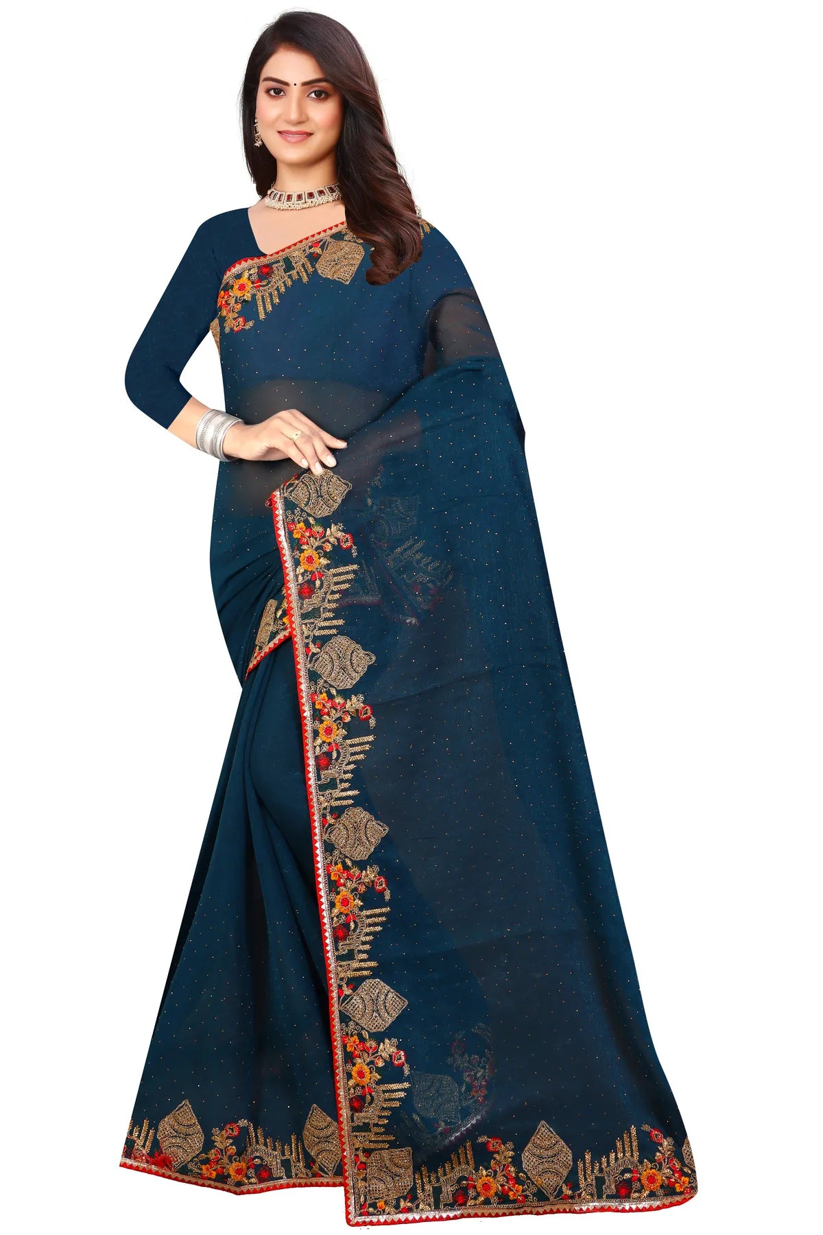 Enchanted Sparkle Shimmer Chiffon Sarees -SAREE D18-Blue