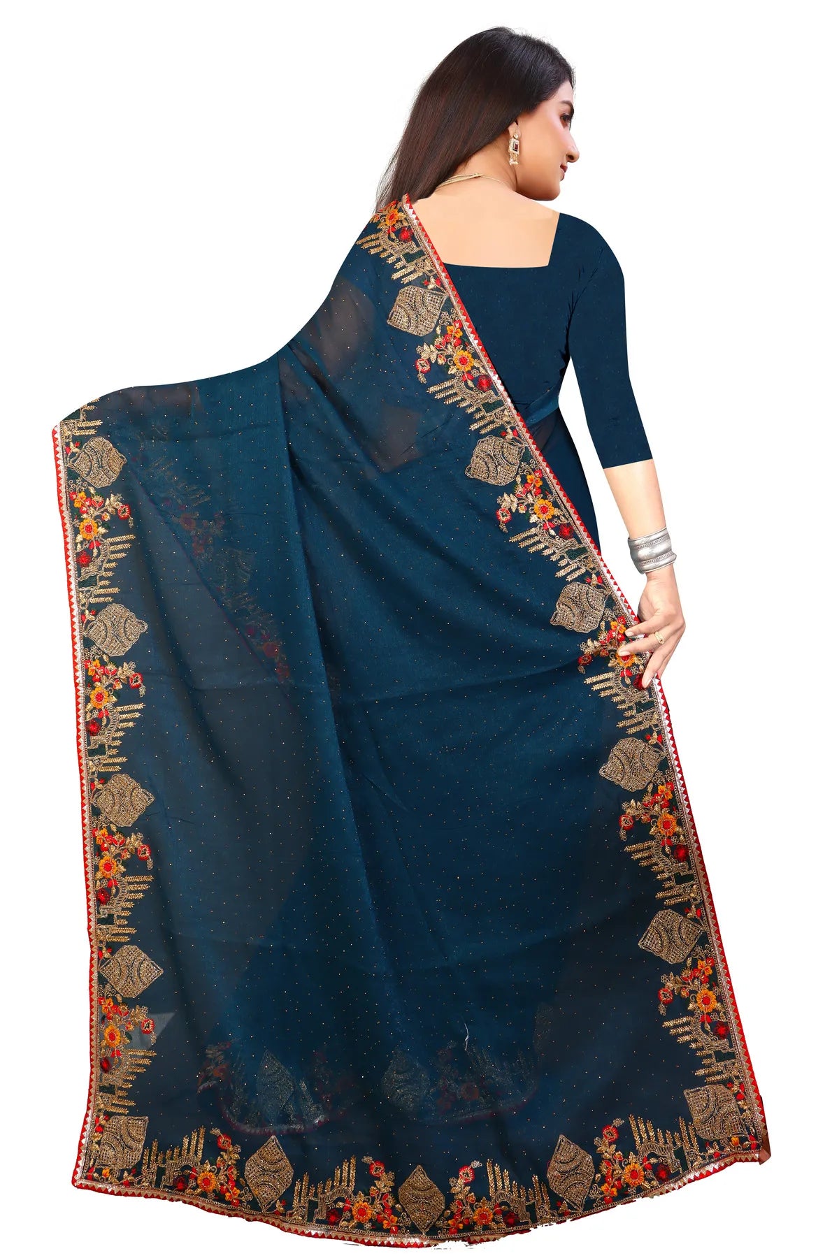 Enchanted Sparkle Shimmer Chiffon Sarees -SAREE D18-Blue