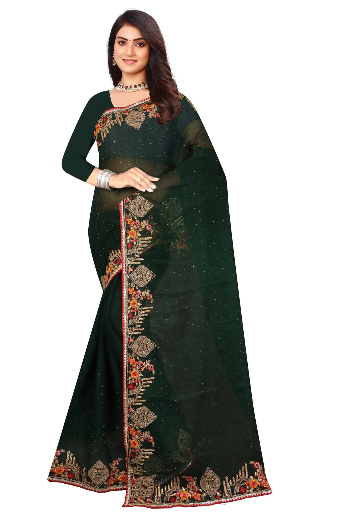 Enchanted Sparkle Shimmer Chiffon Sarees -SAREE D18-Green