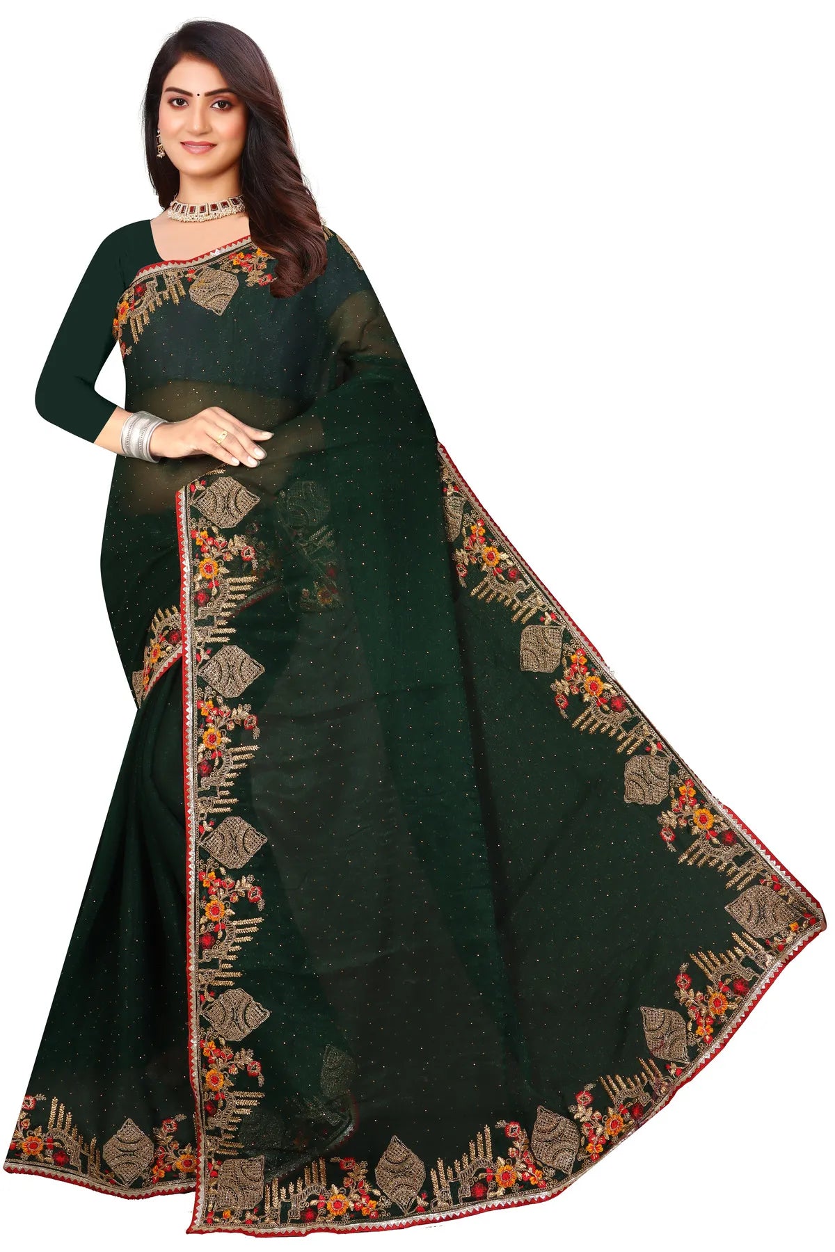 Enchanted Sparkle Shimmer Chiffon Sarees -SAREE D18-Green