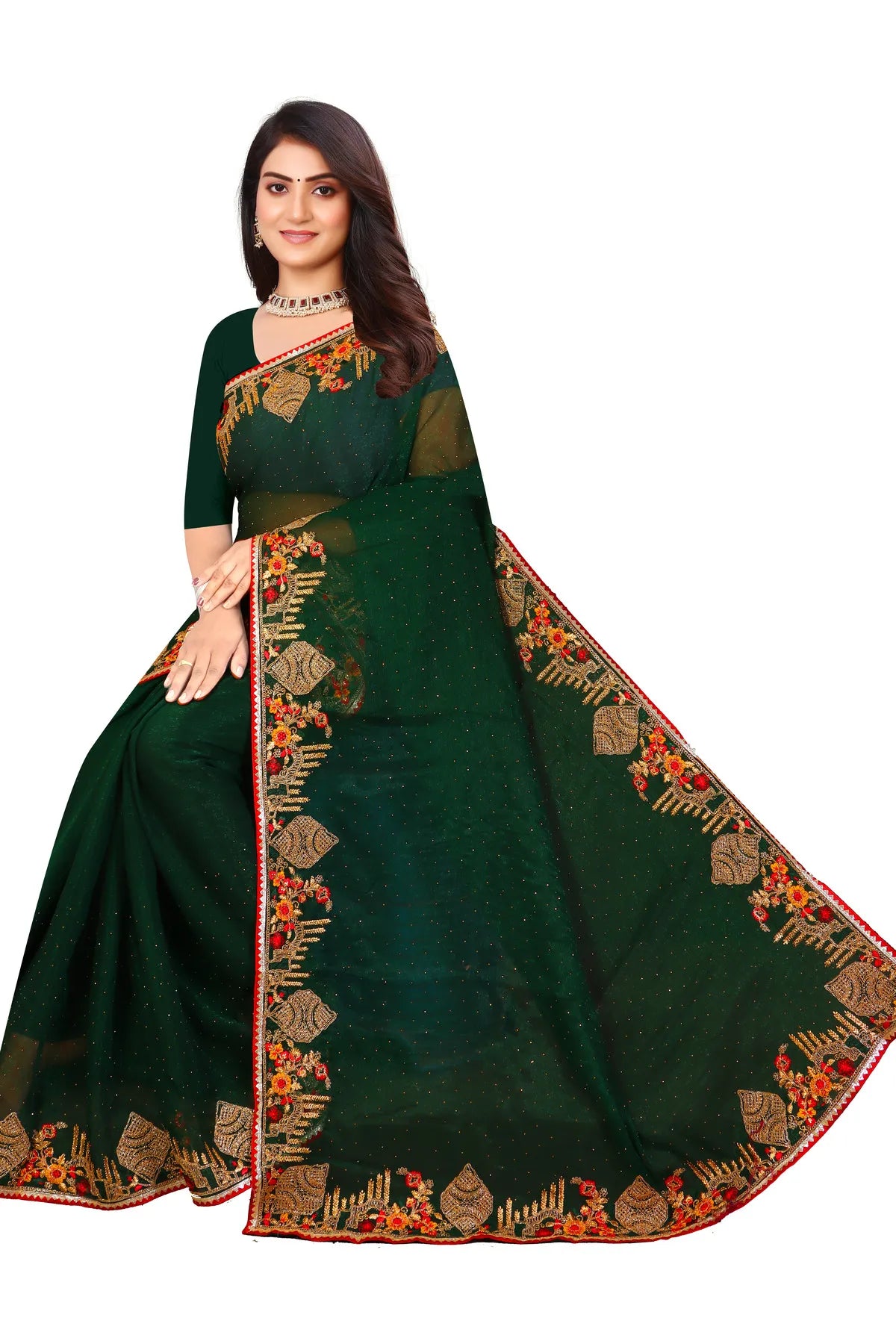 Enchanted Sparkle Shimmer Chiffon Sarees -SAREE D18-Green