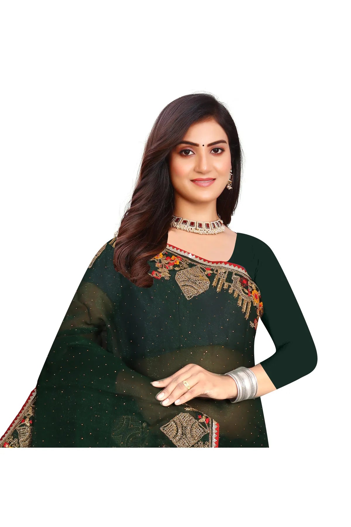 Enchanted Sparkle Shimmer Chiffon Sarees -SAREE D18-Green