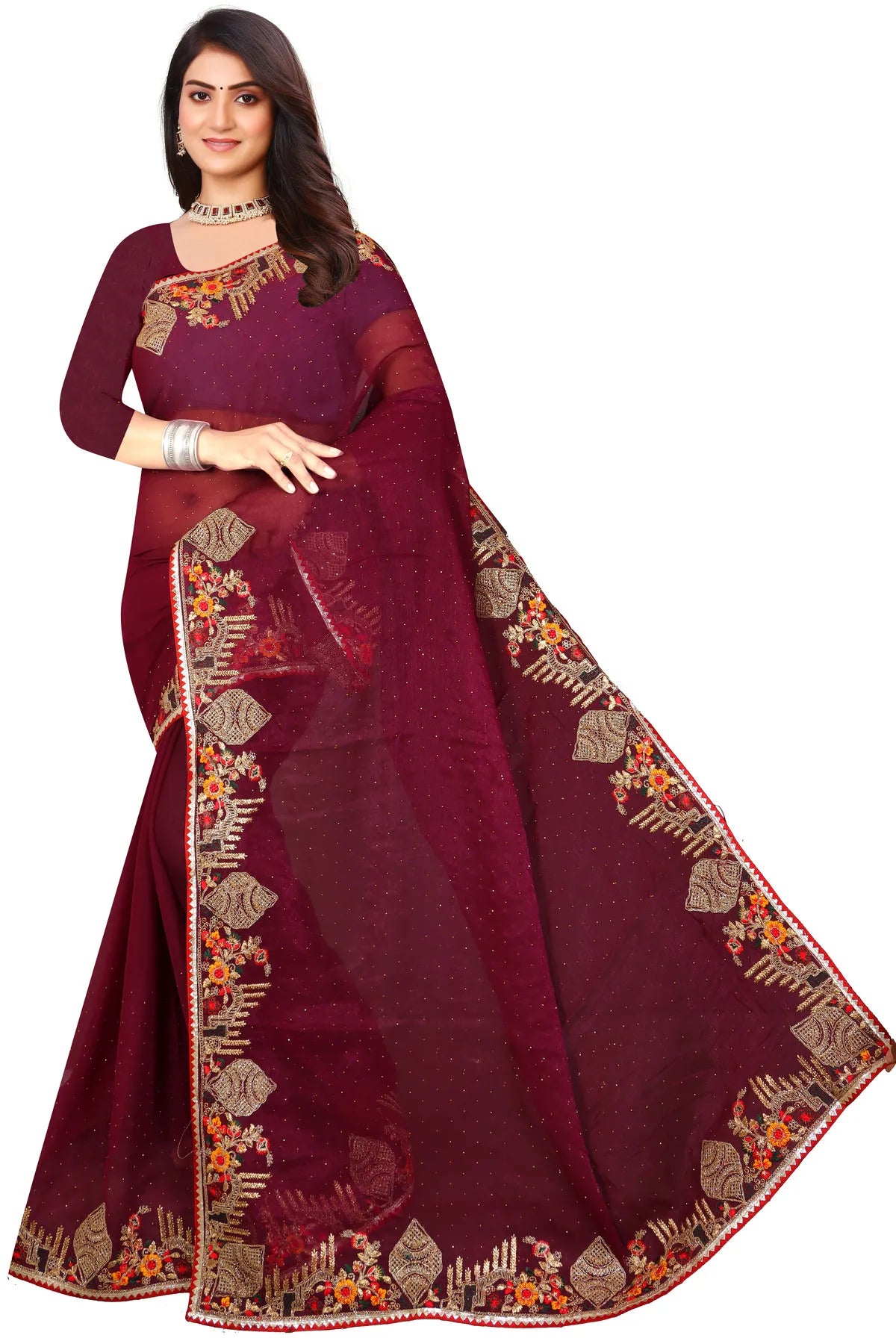 Enchanted Sparkle Shimmer Chiffon Sarees -SAREE D18-Purple