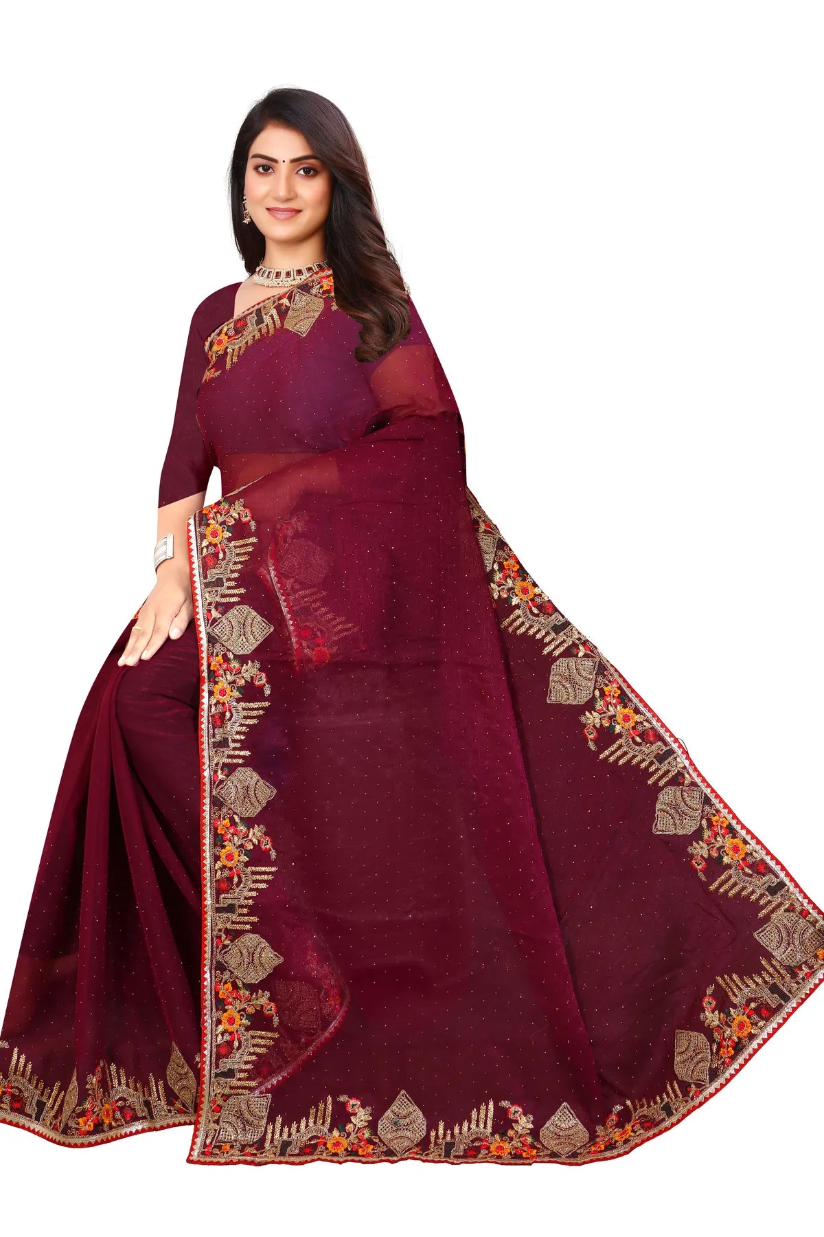 Enchanted Sparkle Shimmer Chiffon Sarees -SAREE D18-Purple