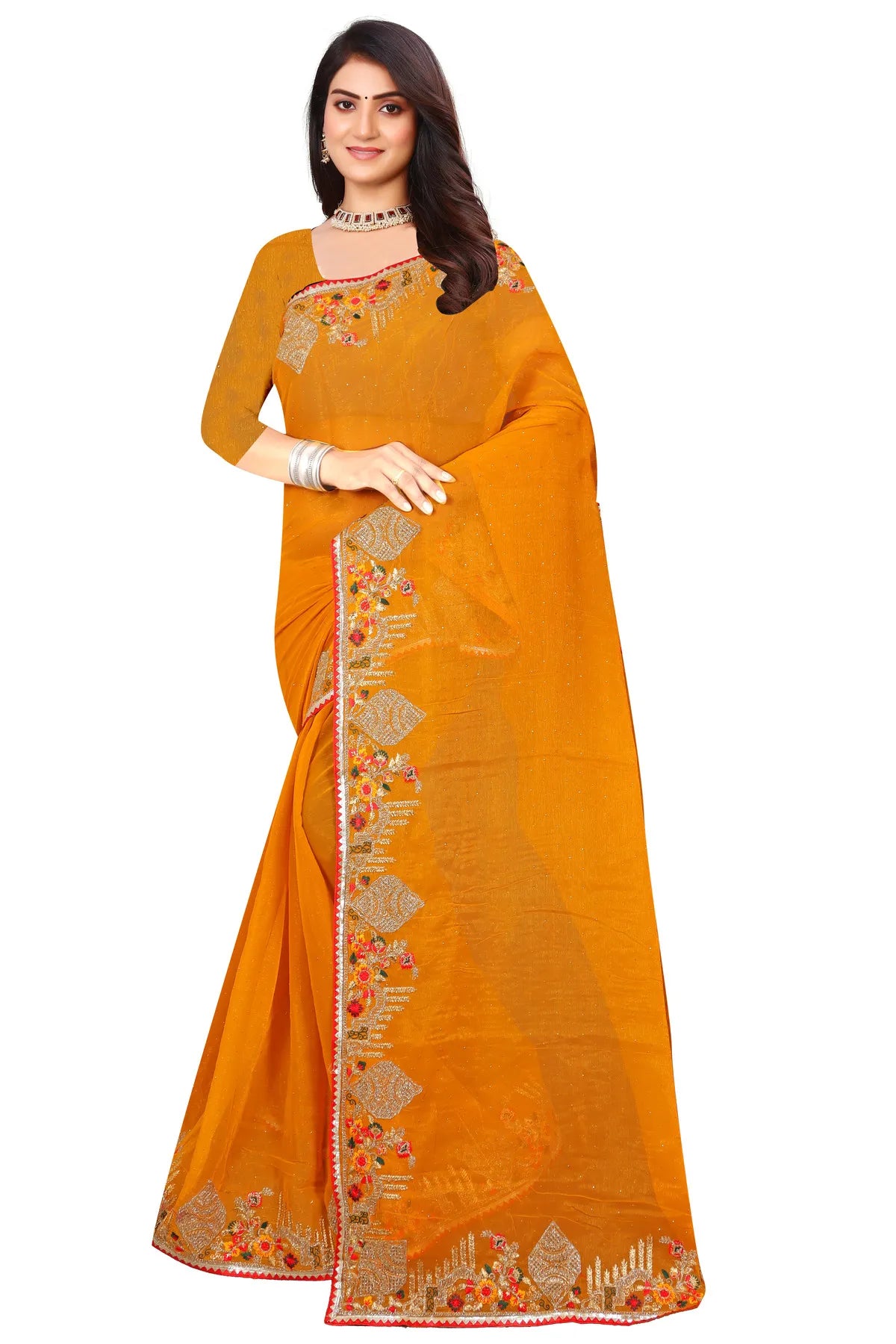 Enchanted Sparkle Shimmer Chiffon Sarees -SAREE D18-Yellow