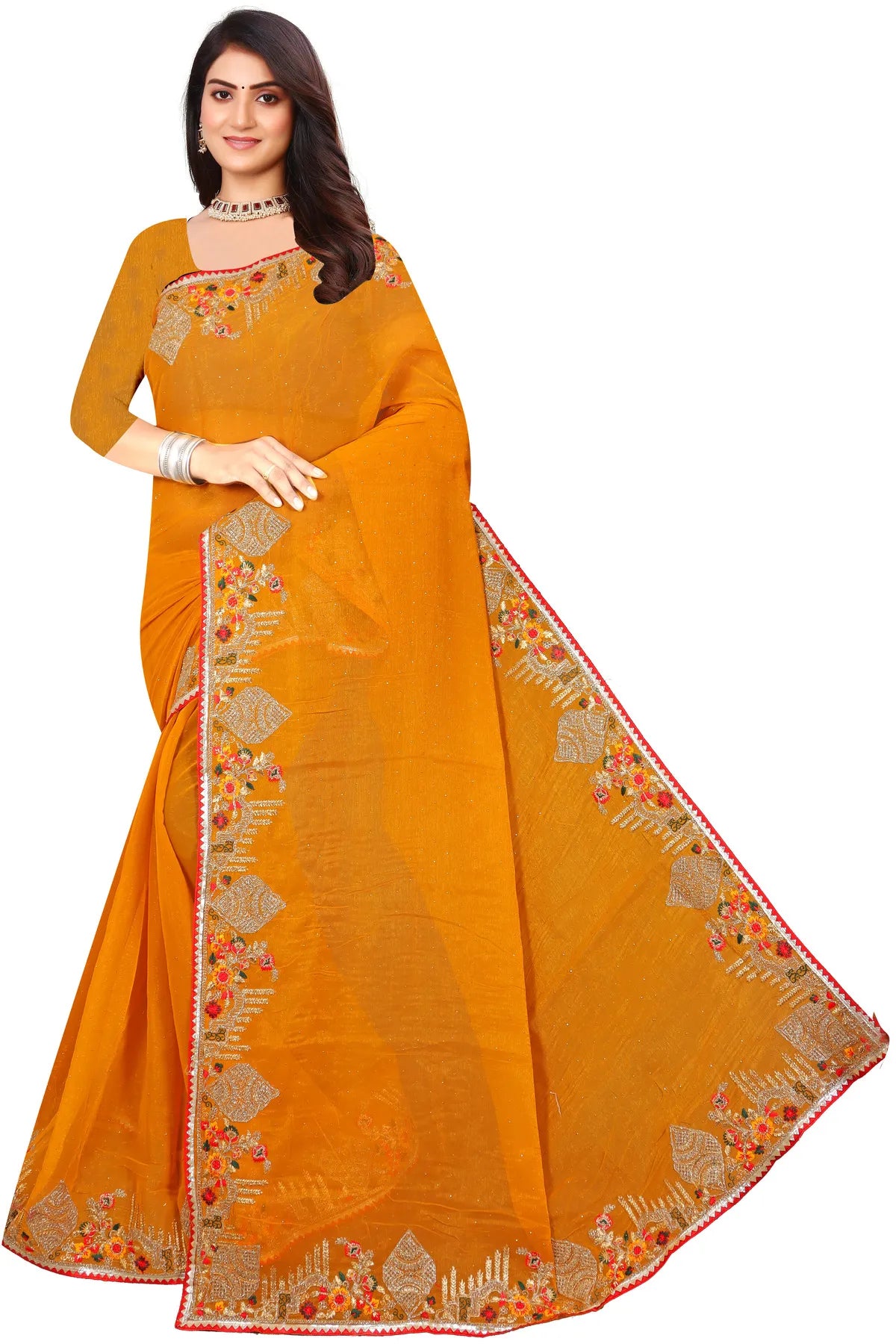 Enchanted Sparkle Shimmer Chiffon Sarees -SAREE D18-Yellow