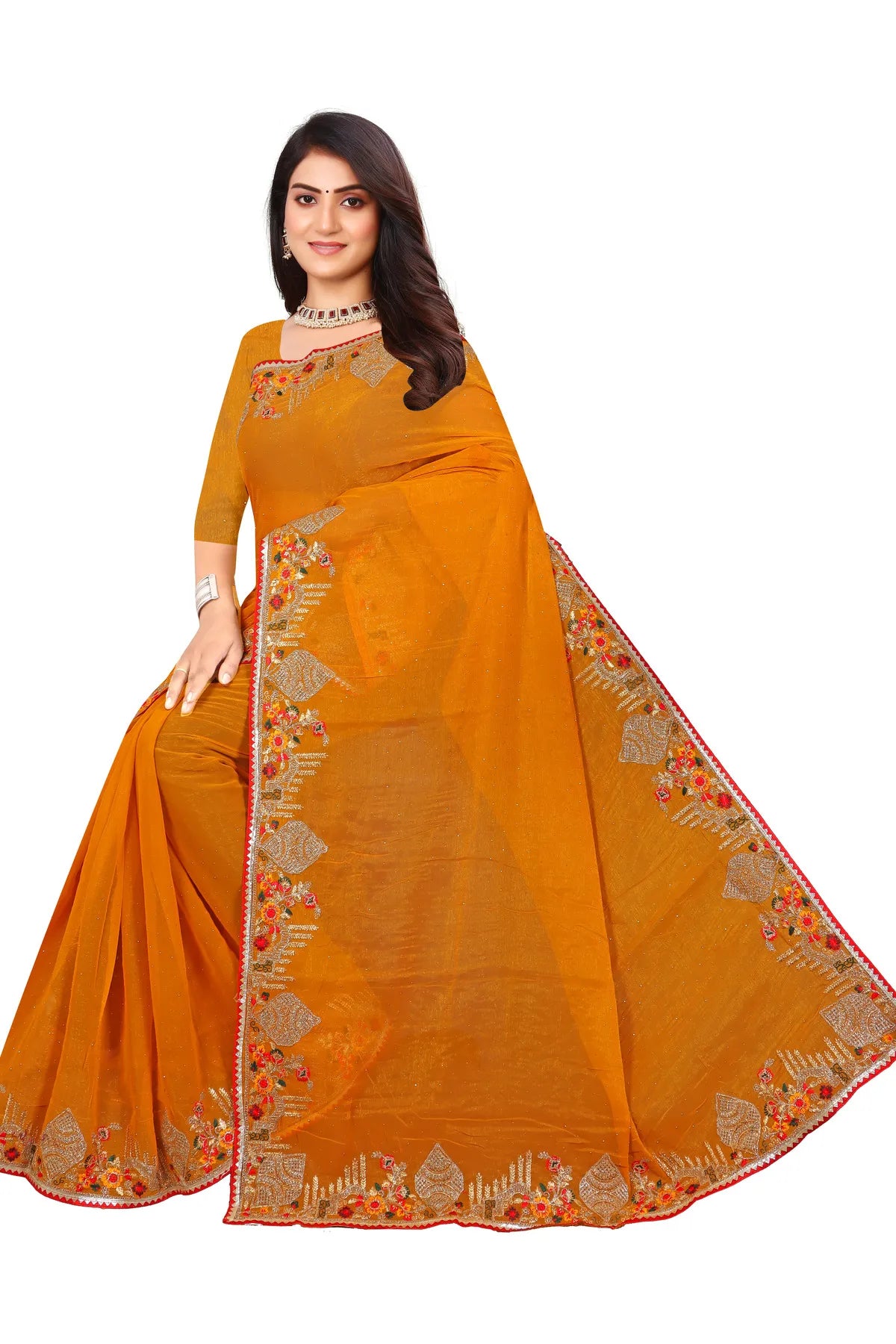 Enchanted Sparkle Shimmer Chiffon Sarees -SAREE D18-Yellow
